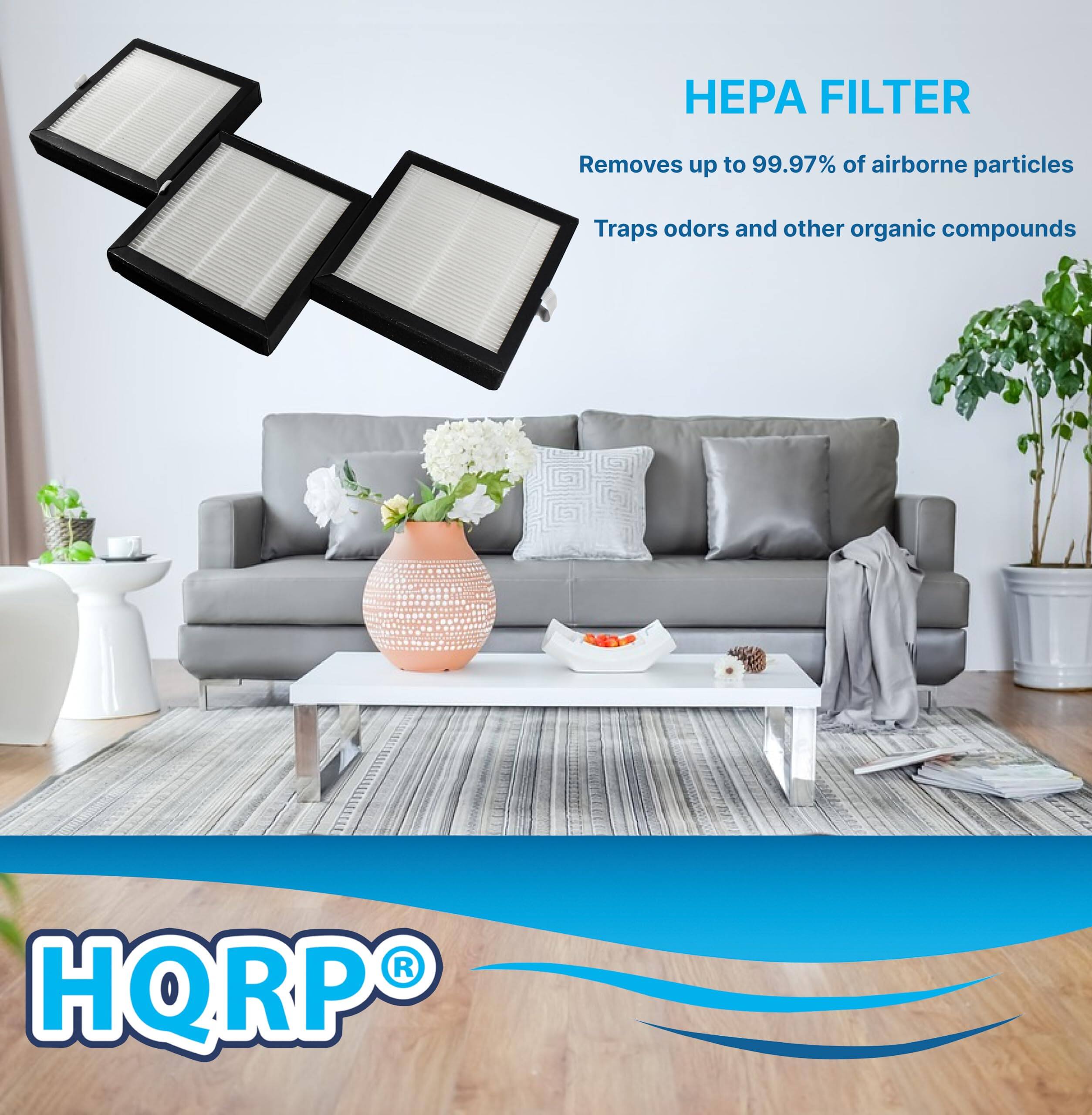HEPA FILTER  
Removes up to 99.97% of airborne particles  
Traps odors and other organic compounds  

HQRP