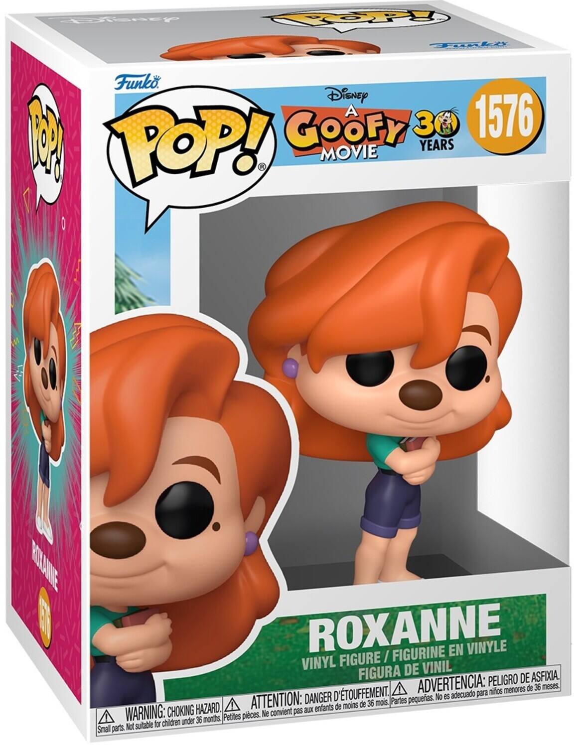 Sure, here is the corrected and grouped text from the image:

---

**Top Left:**
- Funko POP!

**Top Center:**
- Disney
- A Goofy Movie
- 30 Years
- 1576

**Top Right:**
- Funko

**Middle Left:**
- ROXANNE

**Middle Center:**
- ROXANNE
- VINYL FIGURE / FIGURINE EN VINYLE
- FIGURA DE VINIL

**Bottom:**
- WARNING: CHOKING HAZARD. Small parts. Not suitable for children under 36 months.
- ATTENTION: DANGER DE TOUFFEMENT. Petites pièces. Ne convient pas aux enfants de moins de 36 mois.
- ADVERTENCIA: PEORIGRO DE ASFIXIA. Partes pequeñas. No es adecuado para niños menores de 36 meses.

**Bottom Left:**
- WARNING: CHOKING HAZARD. Small parts. Not suitable for children under 36 months.

**Bottom Right:**
- ATTENTION: DANGER DE TOUFFEMENT. Petites pièces. Ne convient pas aux enfants de moins de 36