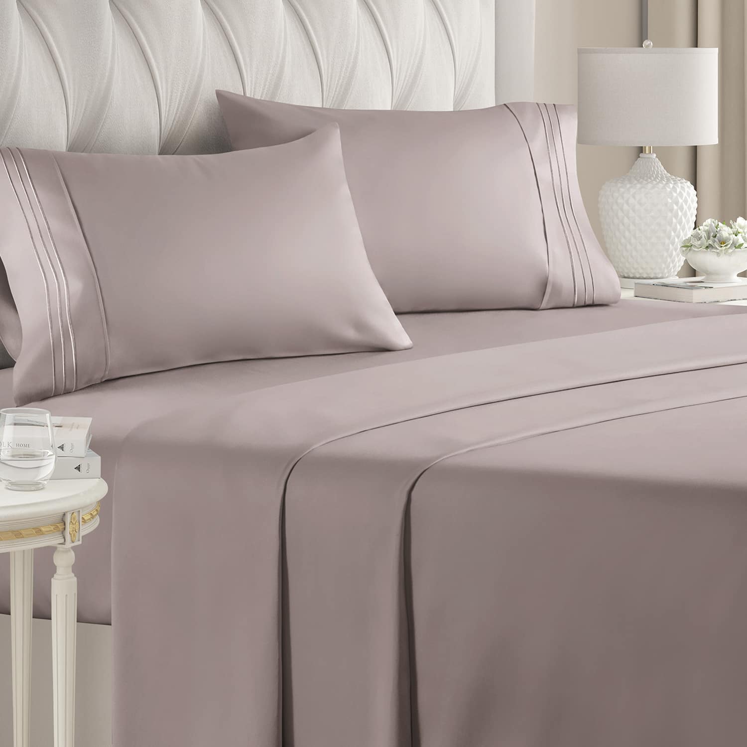 Front. CGK Linens - Luxury Soft 4 Piece Solid Bed Sheet Set - Deep Pocket Fits 8"-16" Mattresses - Queen - Thistle Purple.
