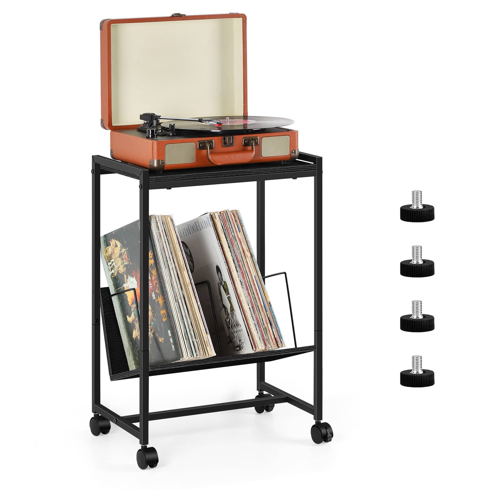 Oumilen - Mobile Turntable Stand with Vinyl Storage Shelf - Black