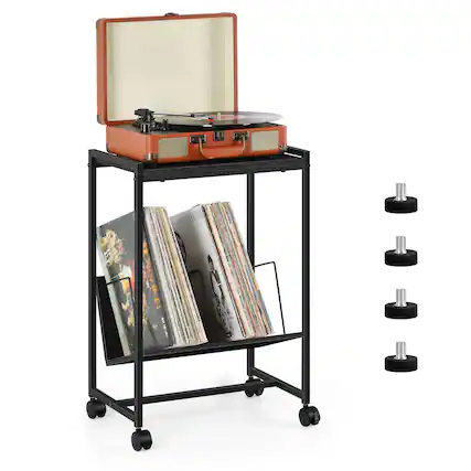 Front. Oumilen - Mobile Turntable Stand with Vinyl Storage Shelf - Black.