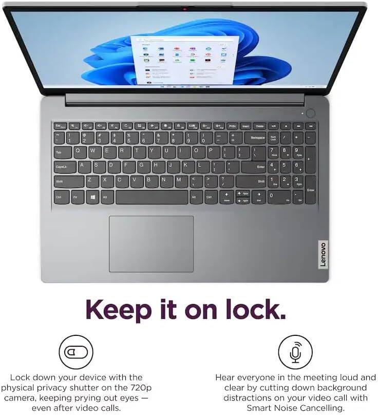 N * C  8 D - - : 2 . 3 g 4 x 5 6 & 7 8 - 9 - 0 = Backinace s L / Tat Q W E R T Y U I o P I 1 I 1 7 8 9 -e CHUmA A S D F G H J K L I Enter 4 . 5 6 + CM FH Z = x A C v B N M < 1 All V Ca ?   E 1 0 2 3 E-e Lenovo Keep it on lock. Lock down your device with the physical privacy shutter on the 720p camera, keeping prying out eyes even after video calls. Hear everyone in the meeting loud and clear by cutting down background distractions on your video call with Smart Noise Cancelling.