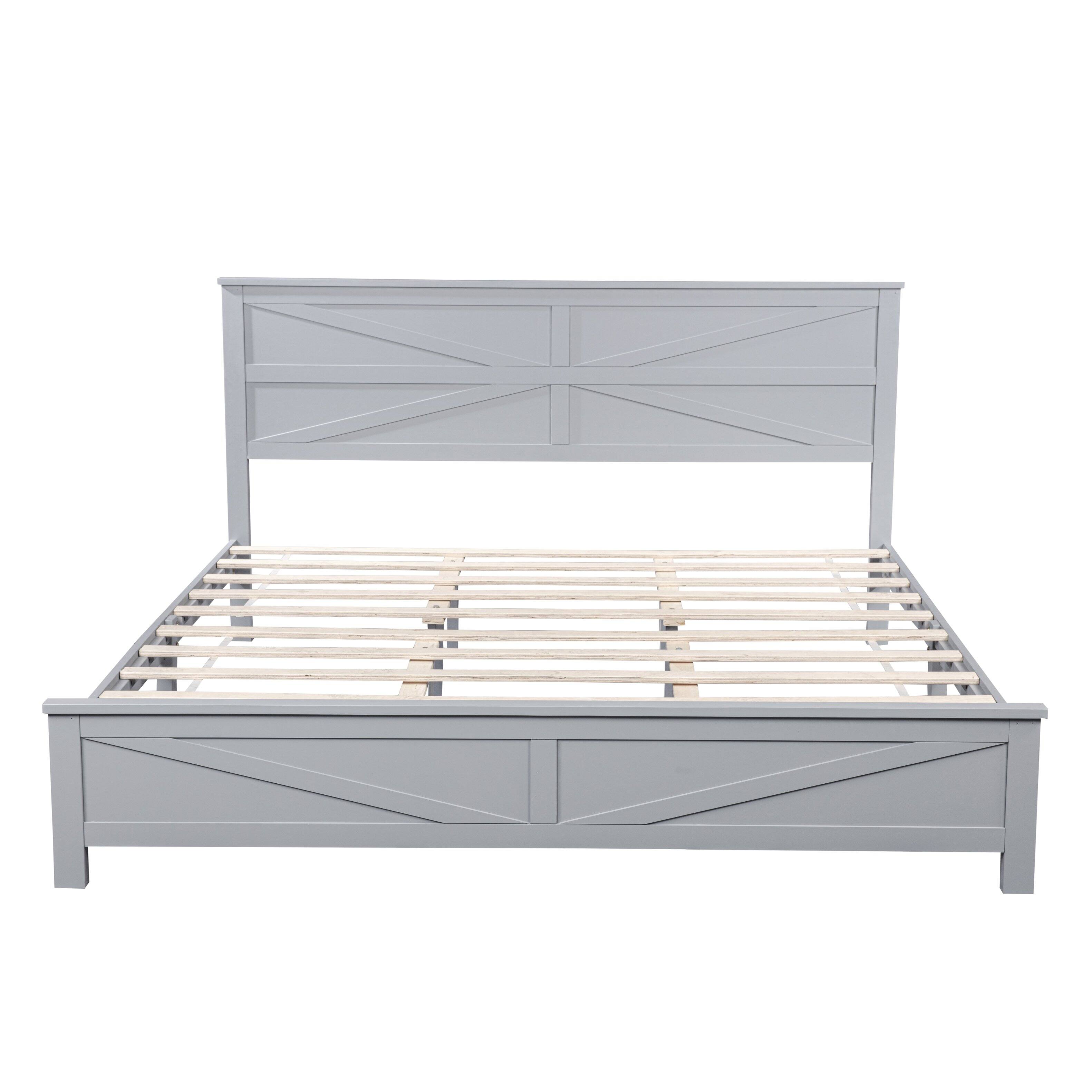 Left. Whisen - Farmhouse Platform Bed with Barn Door Designed Headboard and Footboard - Gray.