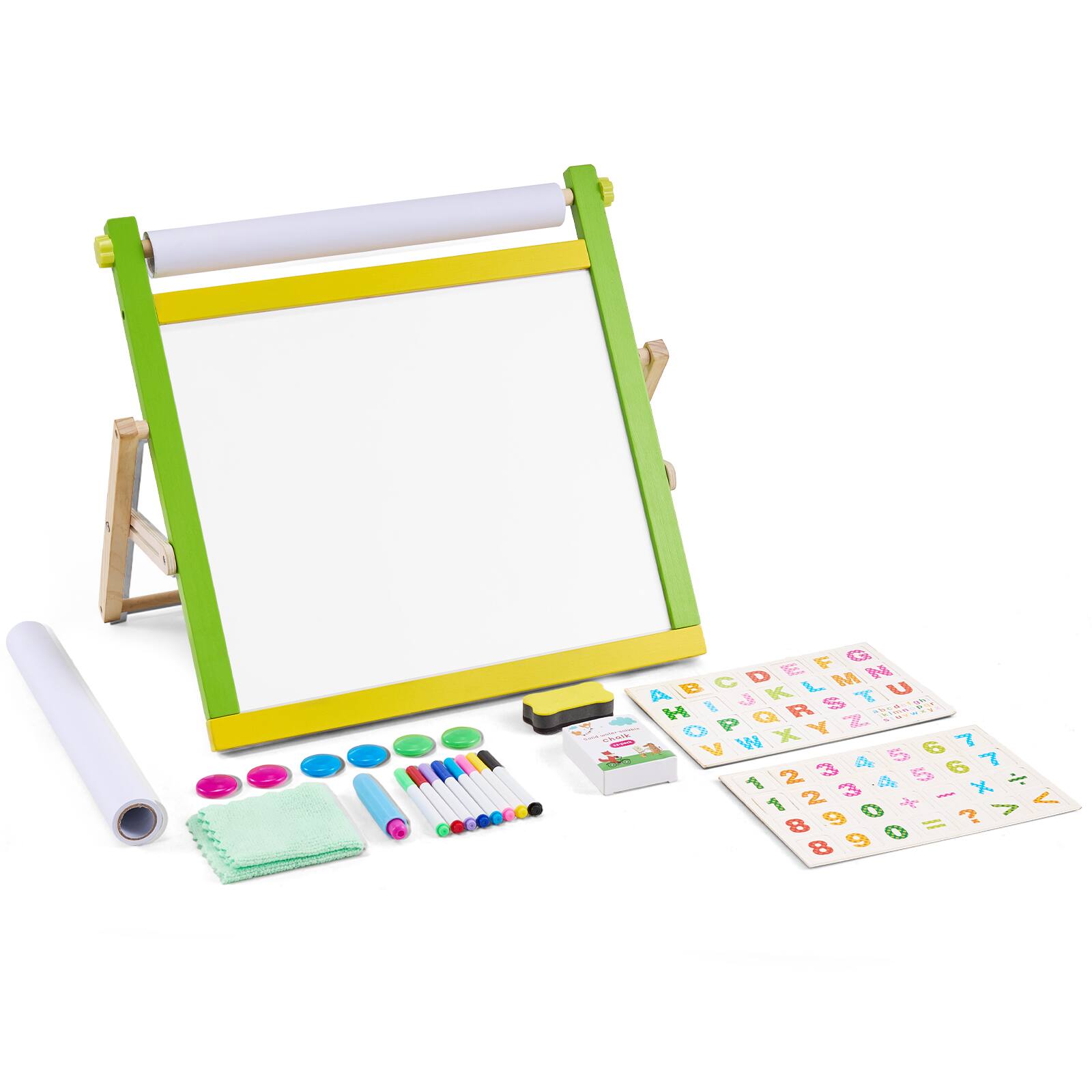 VEVOR - Tabletop Art Easel for Kids, 3-in-1 Wooden Double-Sided Kid's Art Easel with Magnetic Whiteboard, Chalkboard, Paper Roll - Natural Wood Color + Yellow + Green