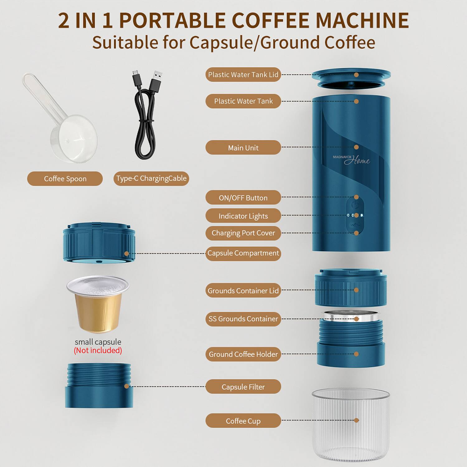 2 IN 1 PORTABLE COFFEE MACHINE  
Suitable for Capsule/Ground Coffee  

- Plastic Water Tank Lid  
- Plastic Water Tank  
- Main Unit  
- Coffee Spoon  
- Type-C Charging Cable  
- ON/OFF Button  
- Indicator Lights  
- Charging Port Cover  
- Capsule Compartment  
- Grounds Container Lid  
- SS Grounds Container  
- Ground Coffee Holder  
- Capsule Filter  
- Coffee Cup  

small capsule (Not included)