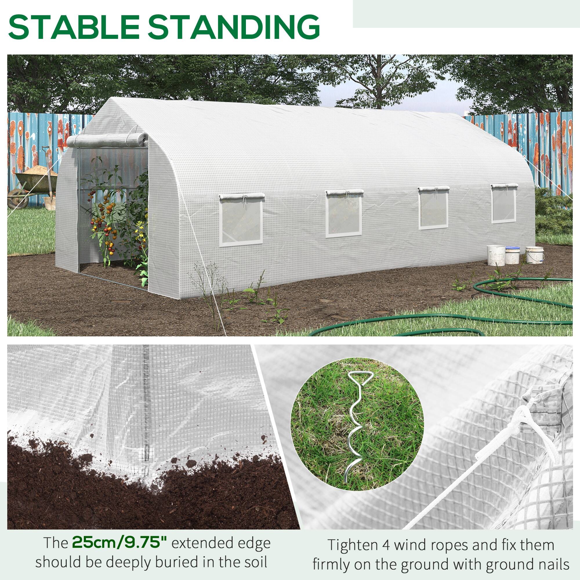 STABLE STANDING

The 25cm/9.75" extended edge should be deeply buried in the soil

Tighten 4 wind ropes and fix them firmly on the ground with ground nails
