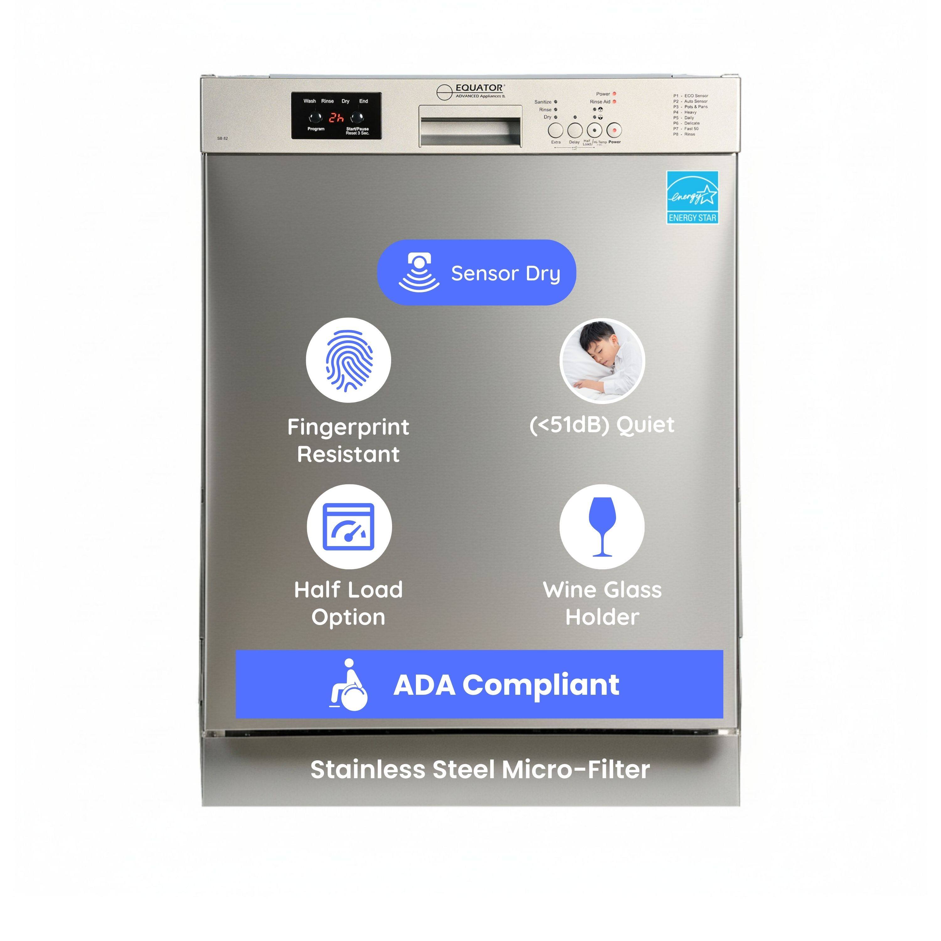 - Sensor Dry
- Fingerprint Resistant
- (<51dB) Quiet
- Half Load Option
- Wine Glass Holder
- ADA Compliant
- Stainless Steel Micro-Filter