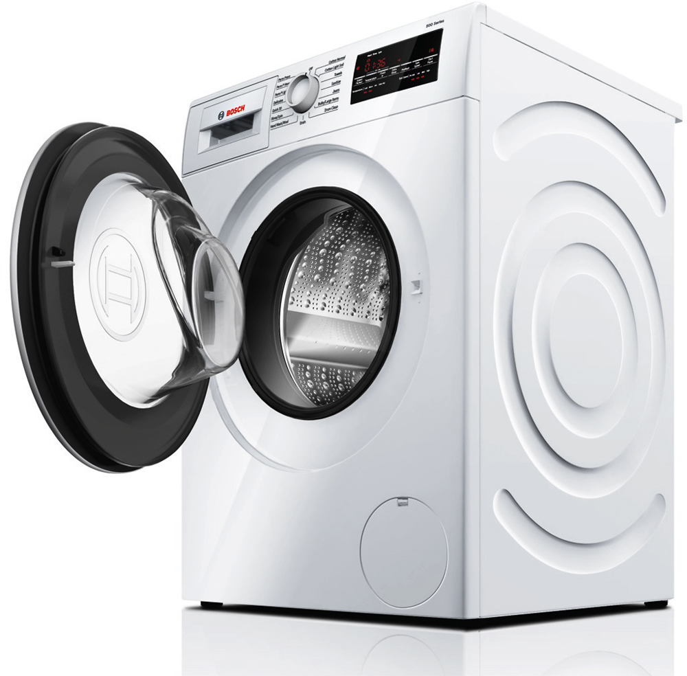 Left View: Bosch WAT28401UC 500 Series 2.2 Cu. Ft White Front Load Washer