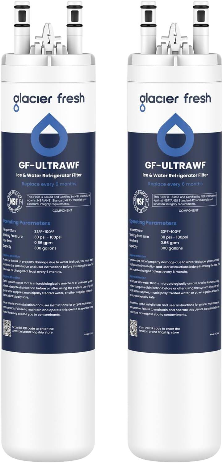 glacier fresh  
GF-ULTRAWF Ice & Water Refrigerator Filter Replace every 6 months  
This Filter is Tested and Certified by NSF against Standard for NSF structural integrity COMPONENT Operating Parameters Pressure 100psi 0.66 gpm 300 gallons  
the risk property due to water damage the installation and before user instructions be changed at least every months.  
the risk leakage, you property damage due to water installation and user instructions before installing changed at least every months.  
water that is microbiologically unsafe of before or after using the system. treated water, or other safe.  
water that is microbiologically unsafe or of before or after using the municipally treated water, or other  
to the installation instructions