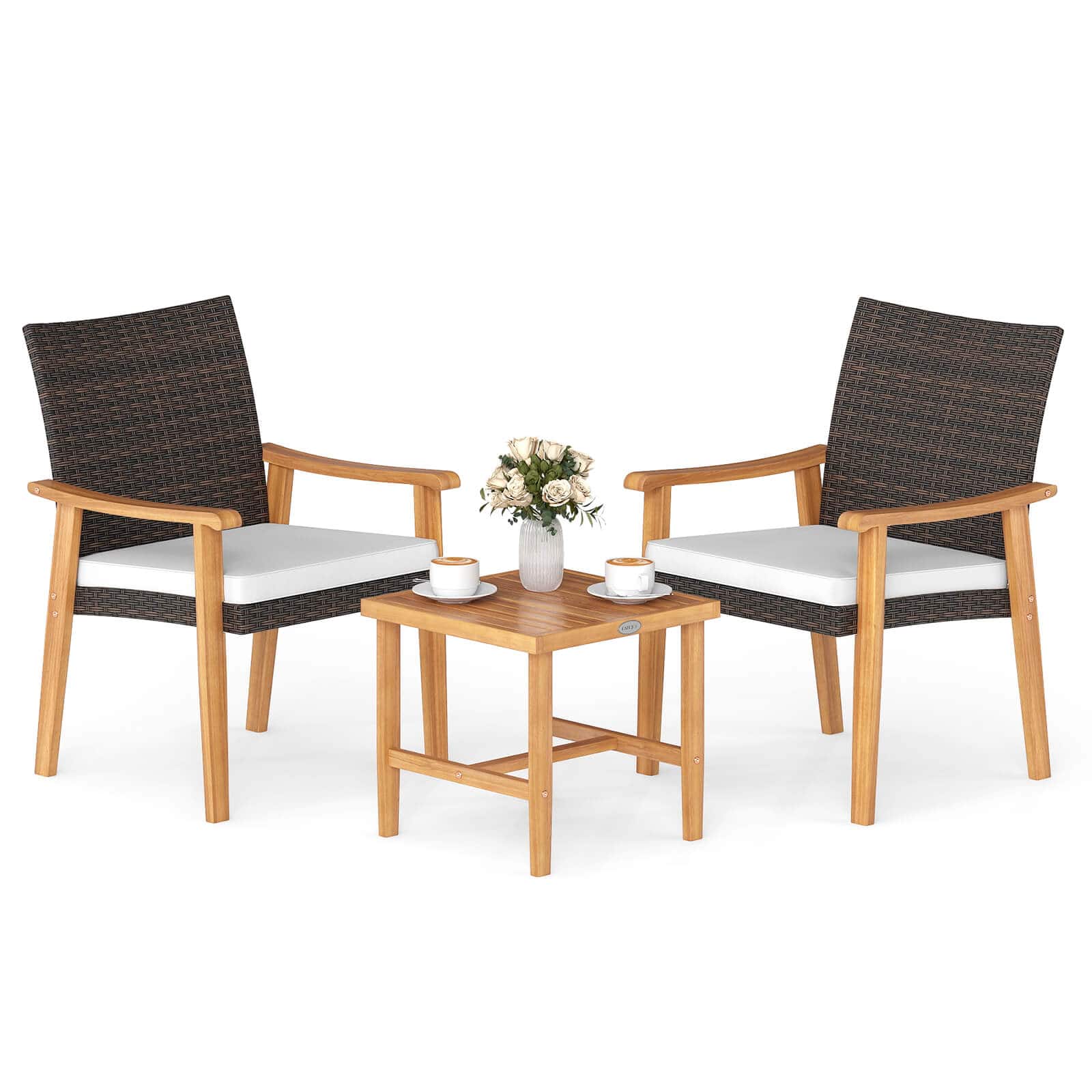 Costway - 3 PCS Patio PE Wicker Furniture Set with Coffee Table and Cushions for Front Porch - Off White