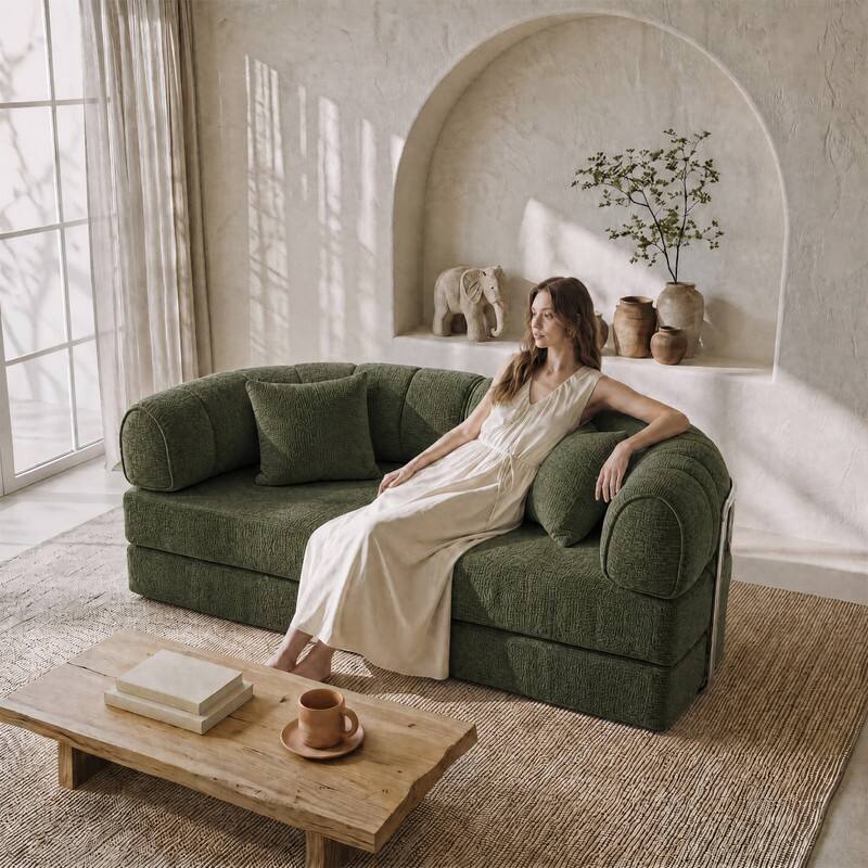 Alt View 3. Vipbear - 78.8" Round Boneless Couch, Convertible Loveseat Sleeper Sofa Bed for Small Spaces, Apartment, Dorm - green.