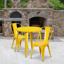 Emma + Oliver - Commercial Grade 30" Round Metal Indoor-Outdoor Table Set with 2 Cafe Chairs - Yellow