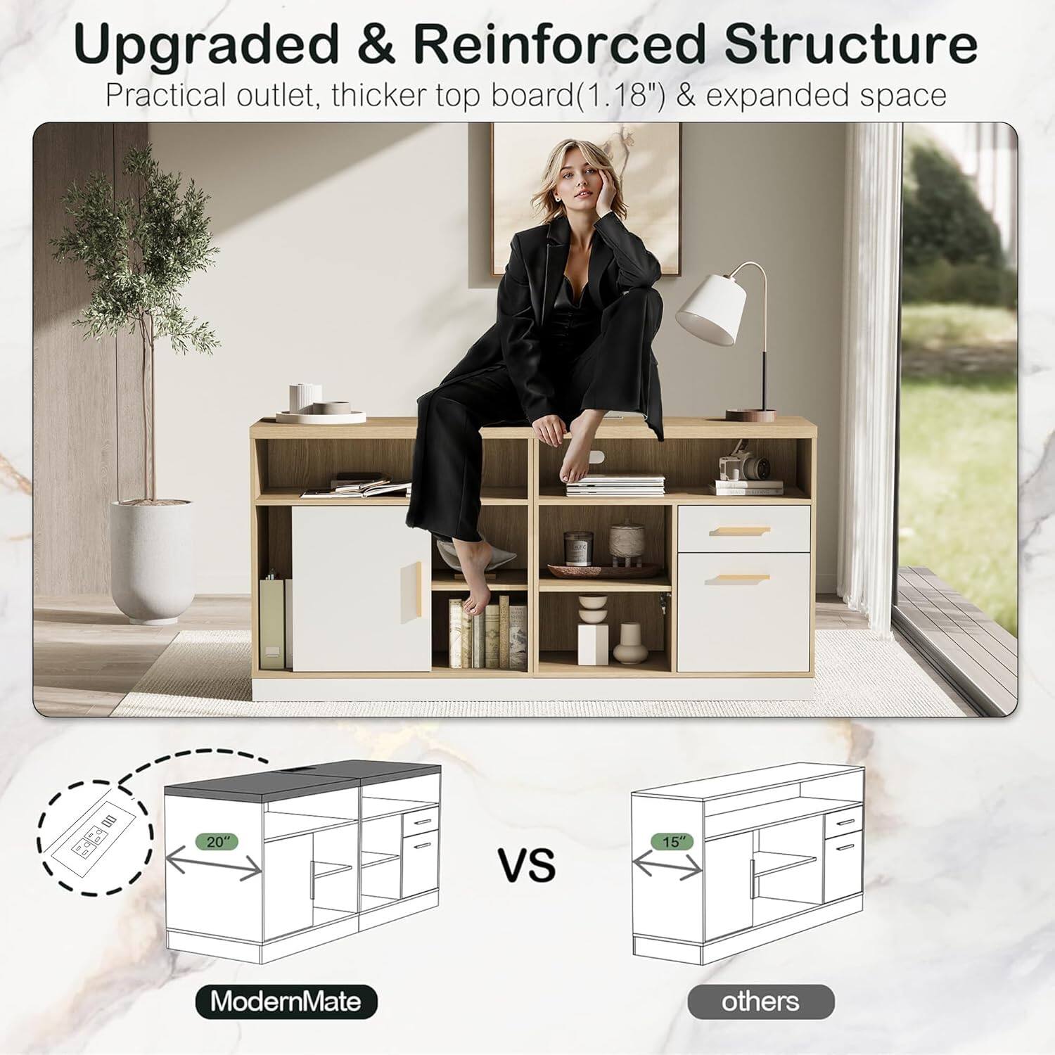 ModernMate - 114-in W Two Person Electric Height Adjustable Standing Desk with Storage and File Cabinets for Home Office - Light Walnut - Thumbnail 3