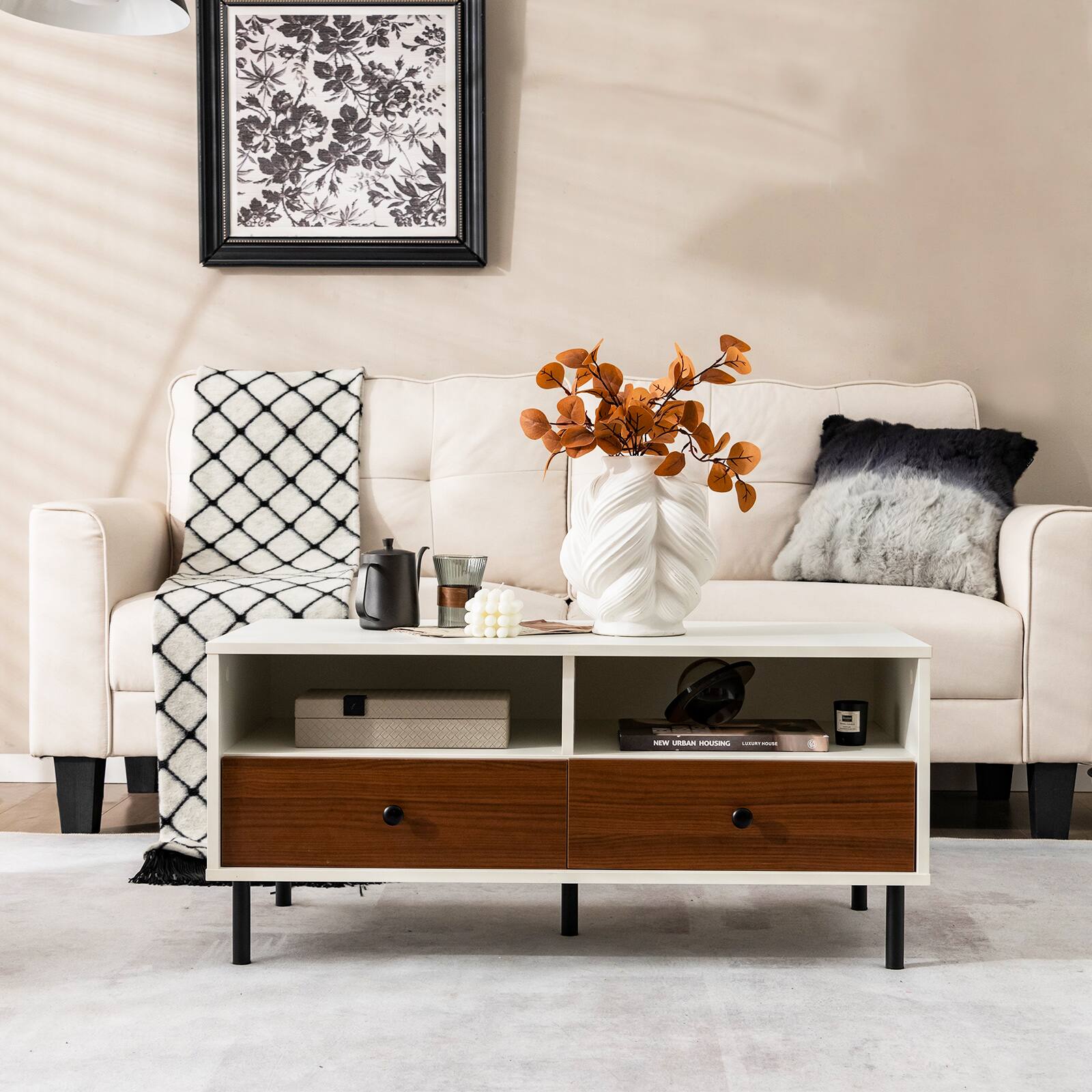Left. Costway - Coffee Table Modern Rectangle W/Storage Shelf & Drawers Living Room Furniture - White and Brown.