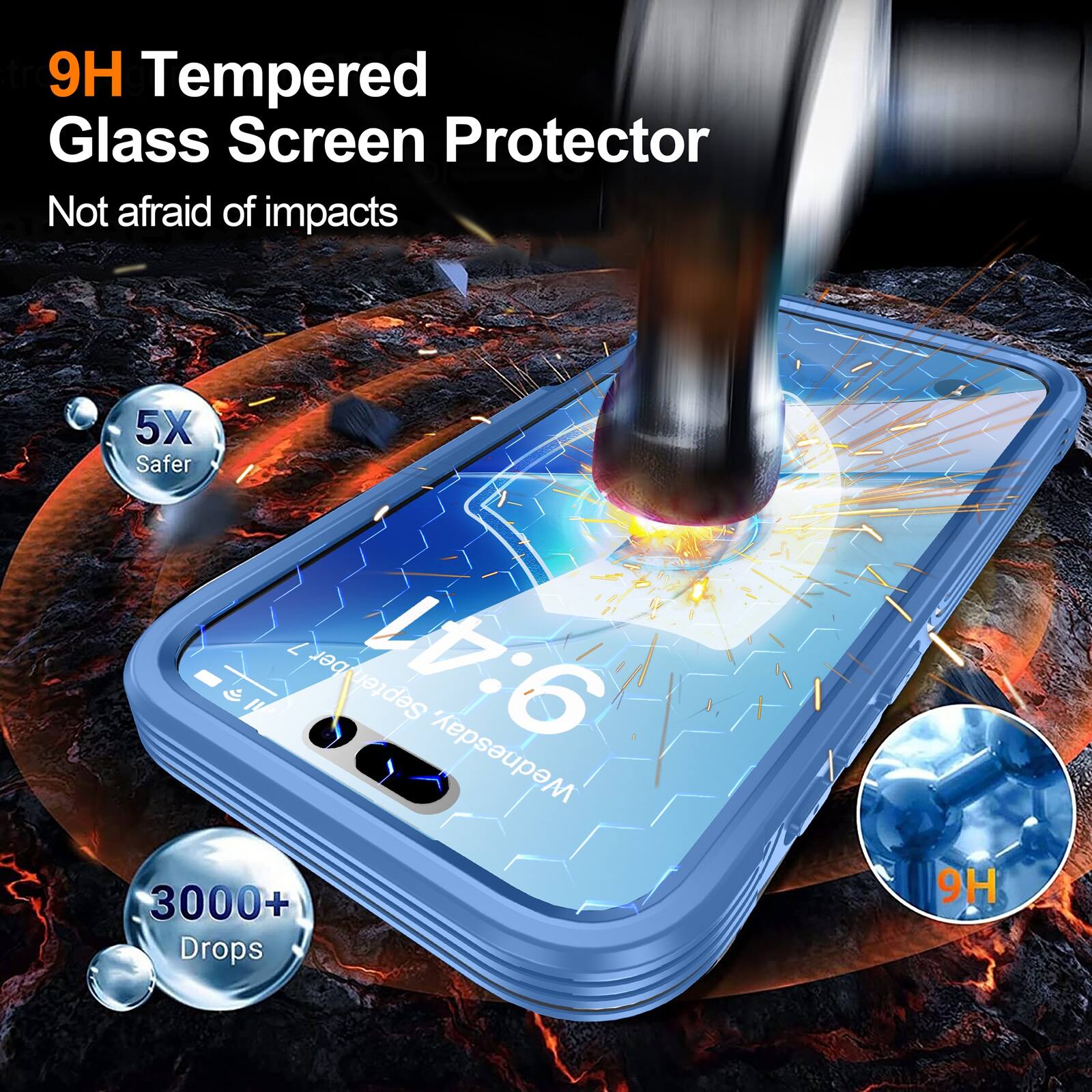 9H Tempered Glass Screen Protector  
Not afraid of impacts  
5X Safer  
3000+ Drops  
9H