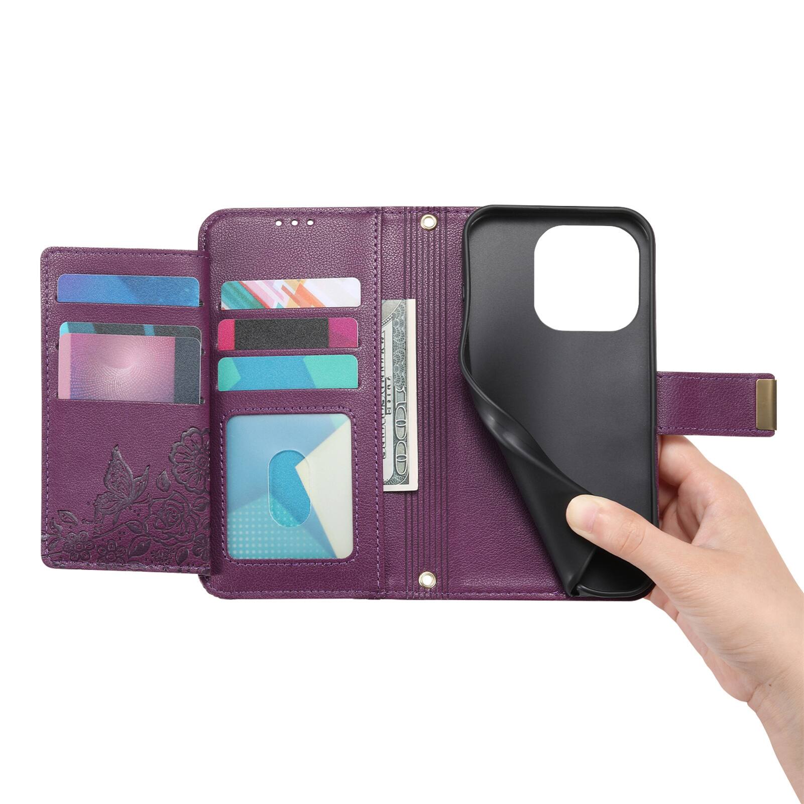 Alt View 10. UUCOVER - Floral PU Leather Wallet Case for iPhone 16 Pro Max with Zipper Pocket, Card Slots,Shoulder & Wrist Strap, Stand Cover - Purple.
