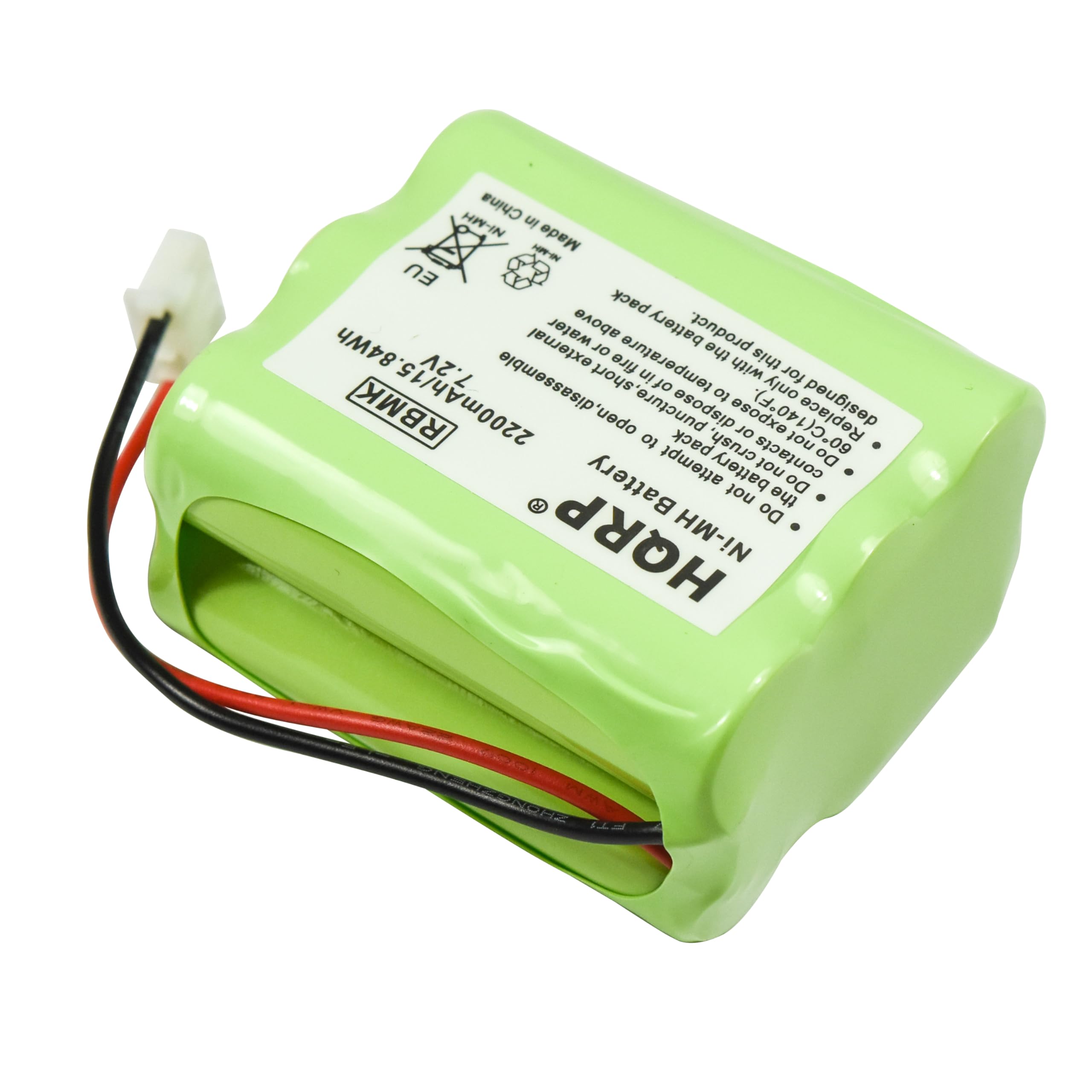 China made Ni-MH battery pack. 84Wh, 7.2V, 2200mAh/15.84Wh. Designed for use with this product only. Do not disassemble, puncture, crush, expose to fire, or dispose of in water. Do not attempt to open. Do not short the contacts. Do not expose to temperatures above 60°C (140°F). For use in the HB-16MP battery pack.