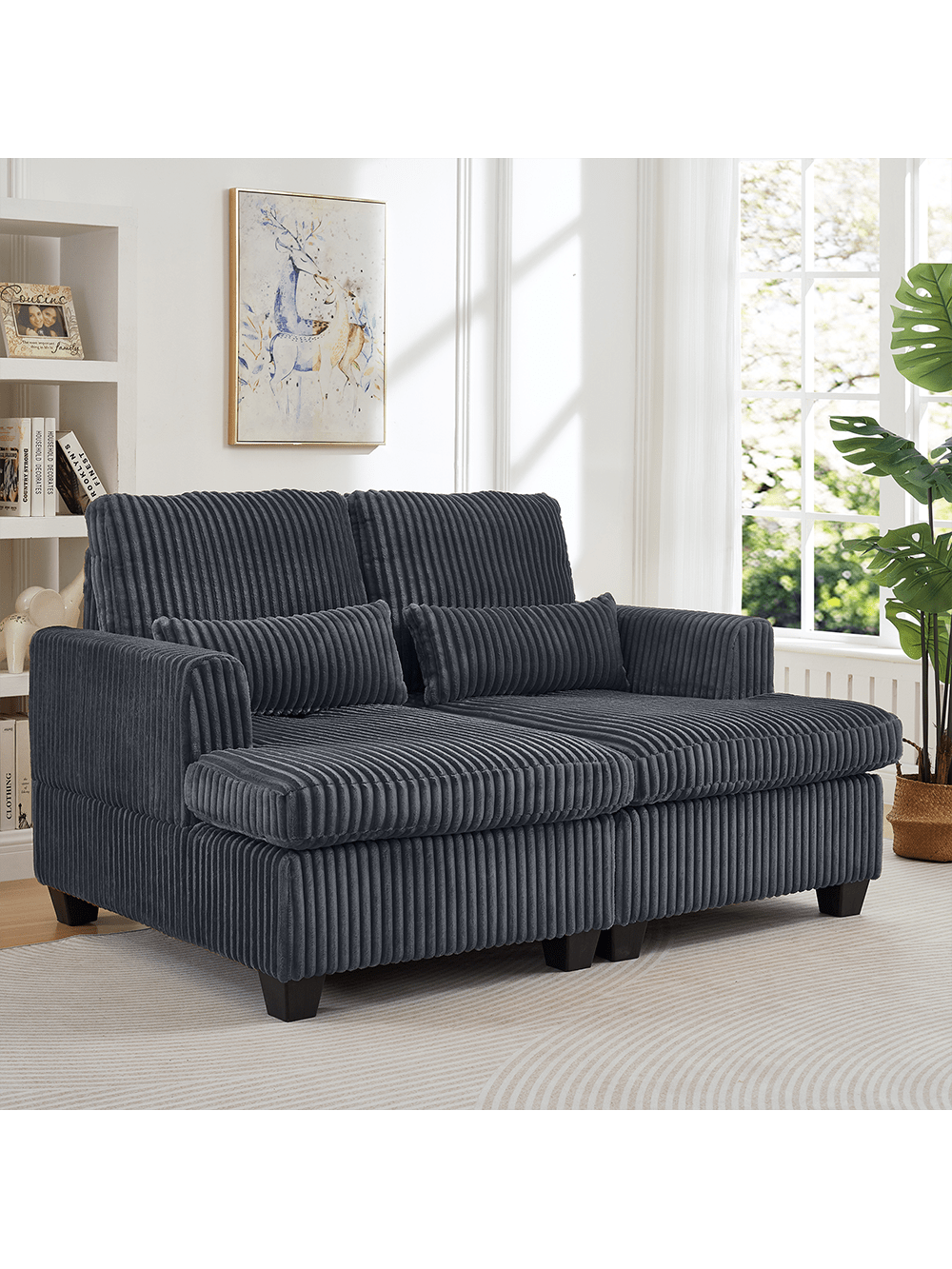 Trinkets Crazed - 61 Inch Corduroy Love Seat Sofa Couch With Square Armrest,Loveseat Sleeper Couch With Adjustable Back,Double Lounge - Dark Gray