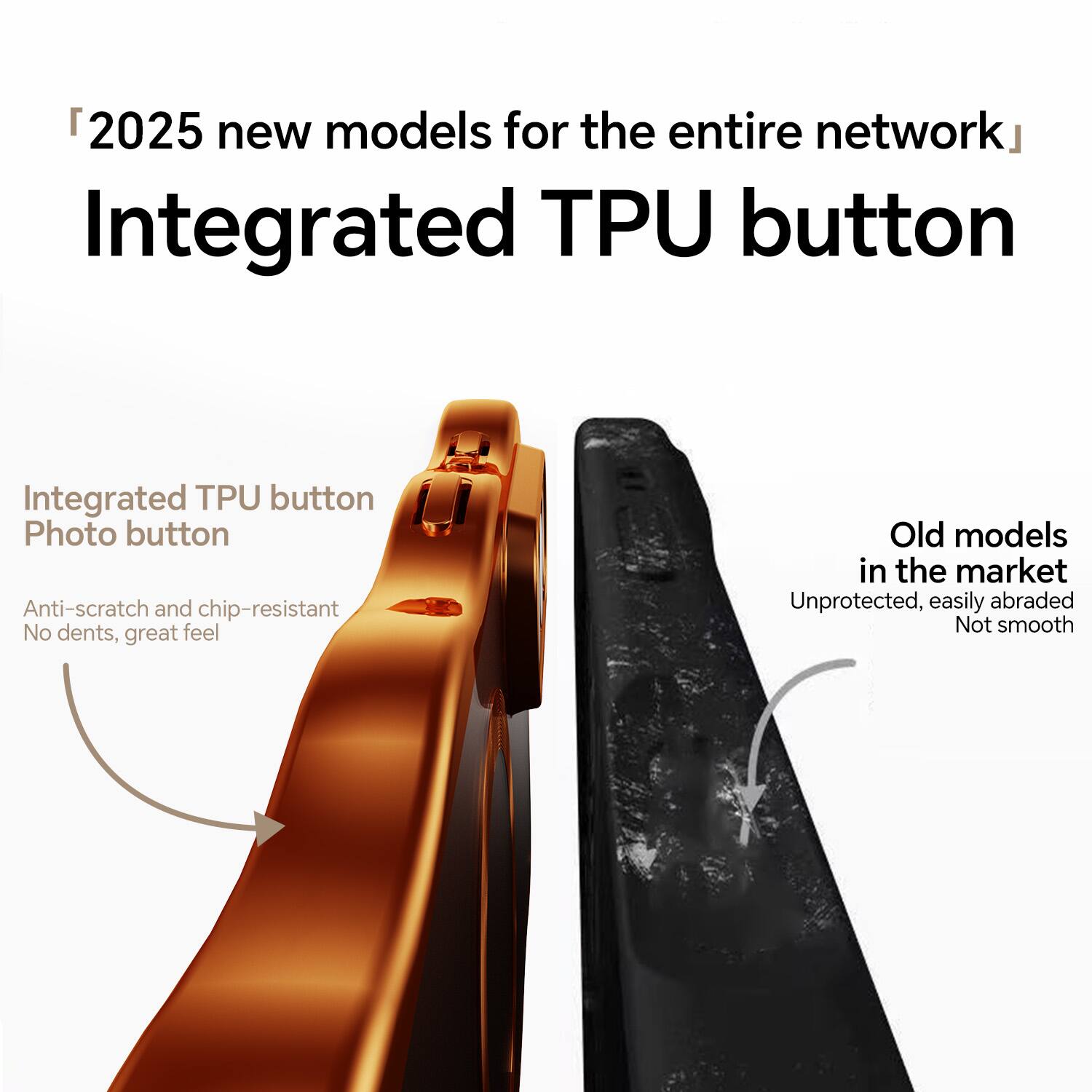 "2025 new models for the entire network"  
Integrated TPU button

Integrated TPU button  
Photo button  
Anti-scratch and chip-resistant  
No dents, great feel

Old models in the market  
Unprotected, easily abraded  
Not smooth