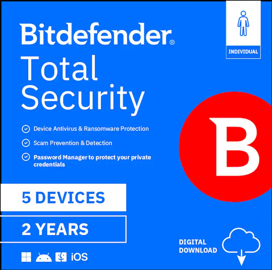 Bitdefender Total Security Individual 5 Device 2 Year Windows, Apple ...