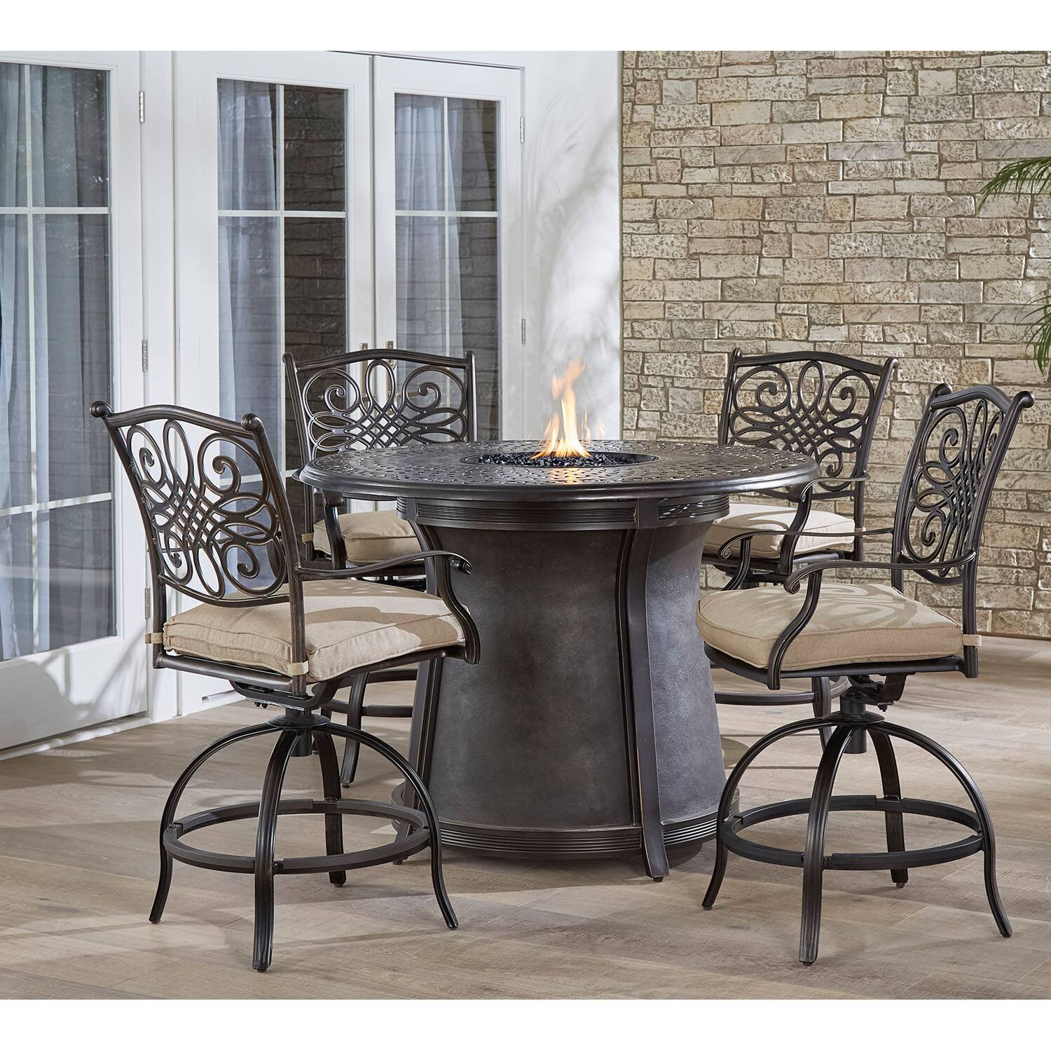Alt View 21. Hanover - Traditions 5-Piece High-Dining Set with Fire Pit Table - Alumicast/Tan.