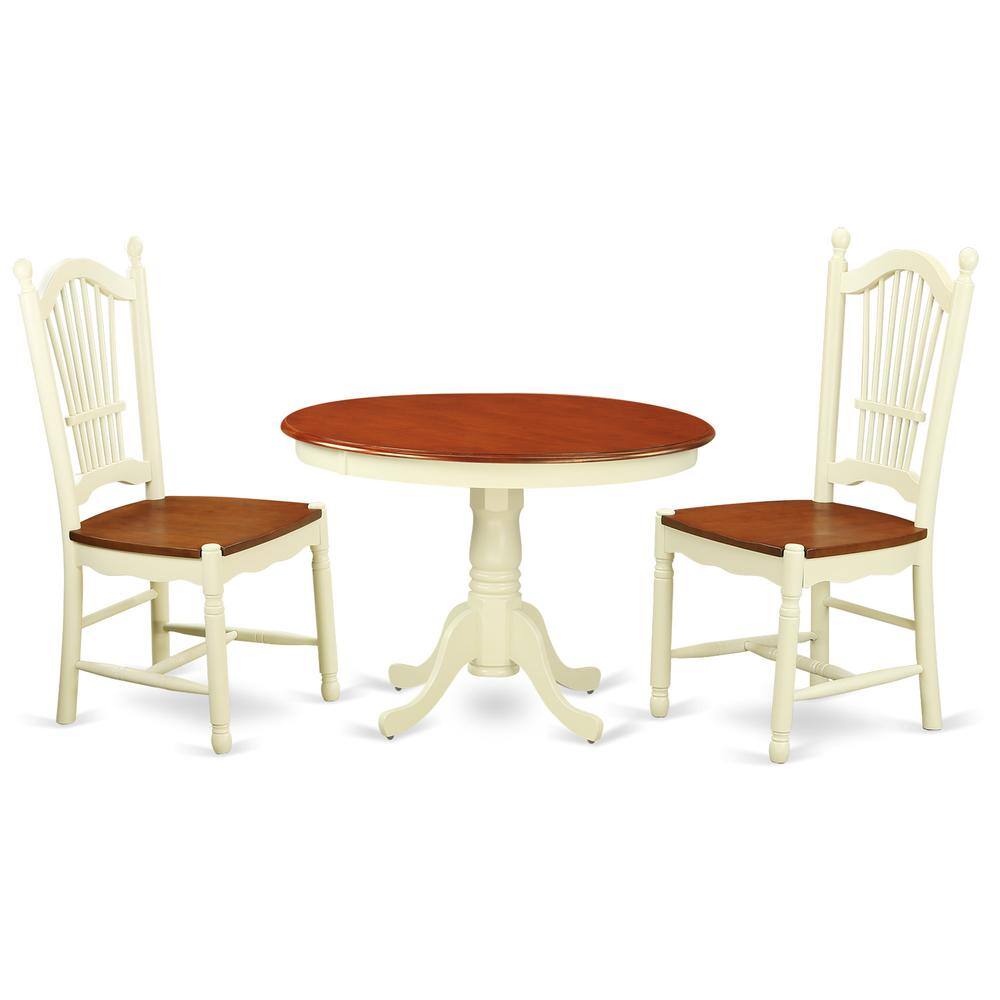 Left. East West Furniture - 3 Pc set with a Round Small Table and 2 Leather Kitchen Chairs in Buttermilk and Cherry . - Buttermilk & Cherry.