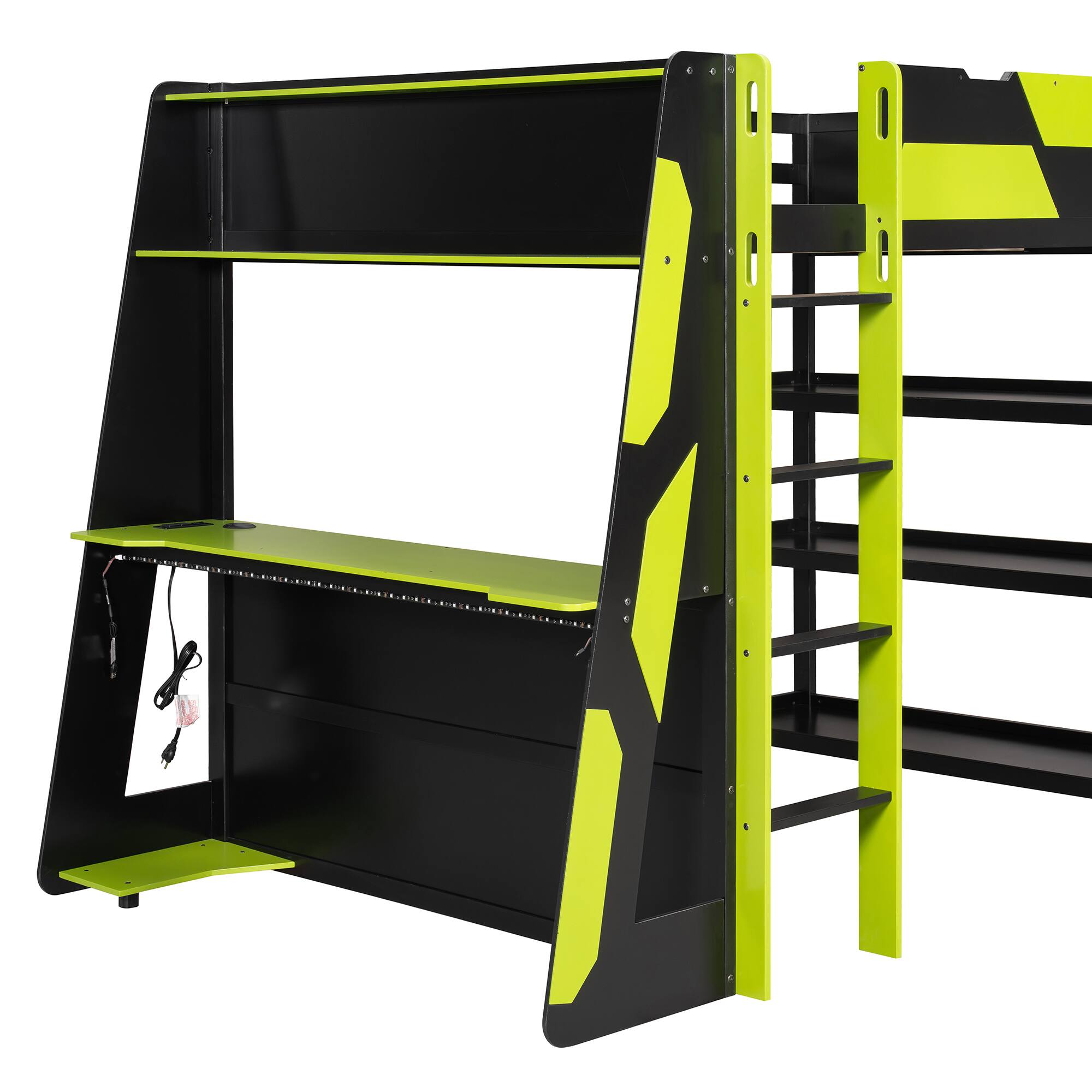 Alt View 7. Whisen - Full Size Loft Bed with Gaming Desk, Built-in Shelves, Power Station & LED Lights for Bedroom - Black|Green.