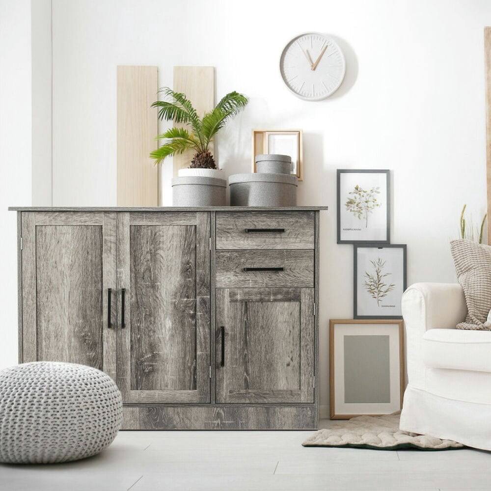 Alt View 5. Pefilos - Buffet Storage Cabinet, Kitchen Sideboard with 2 Drawers, Cabinet for Indoor, Gray - Gray.