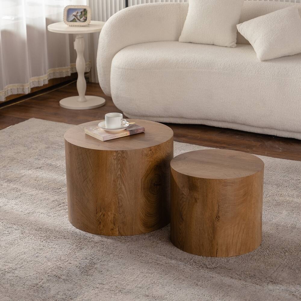 Back. Loheer - Nesting Coffee Table Set of 2 Round Wooden Modern Circle Table for Small Space Living Room Bedroom Accent End Side Table - Brown.