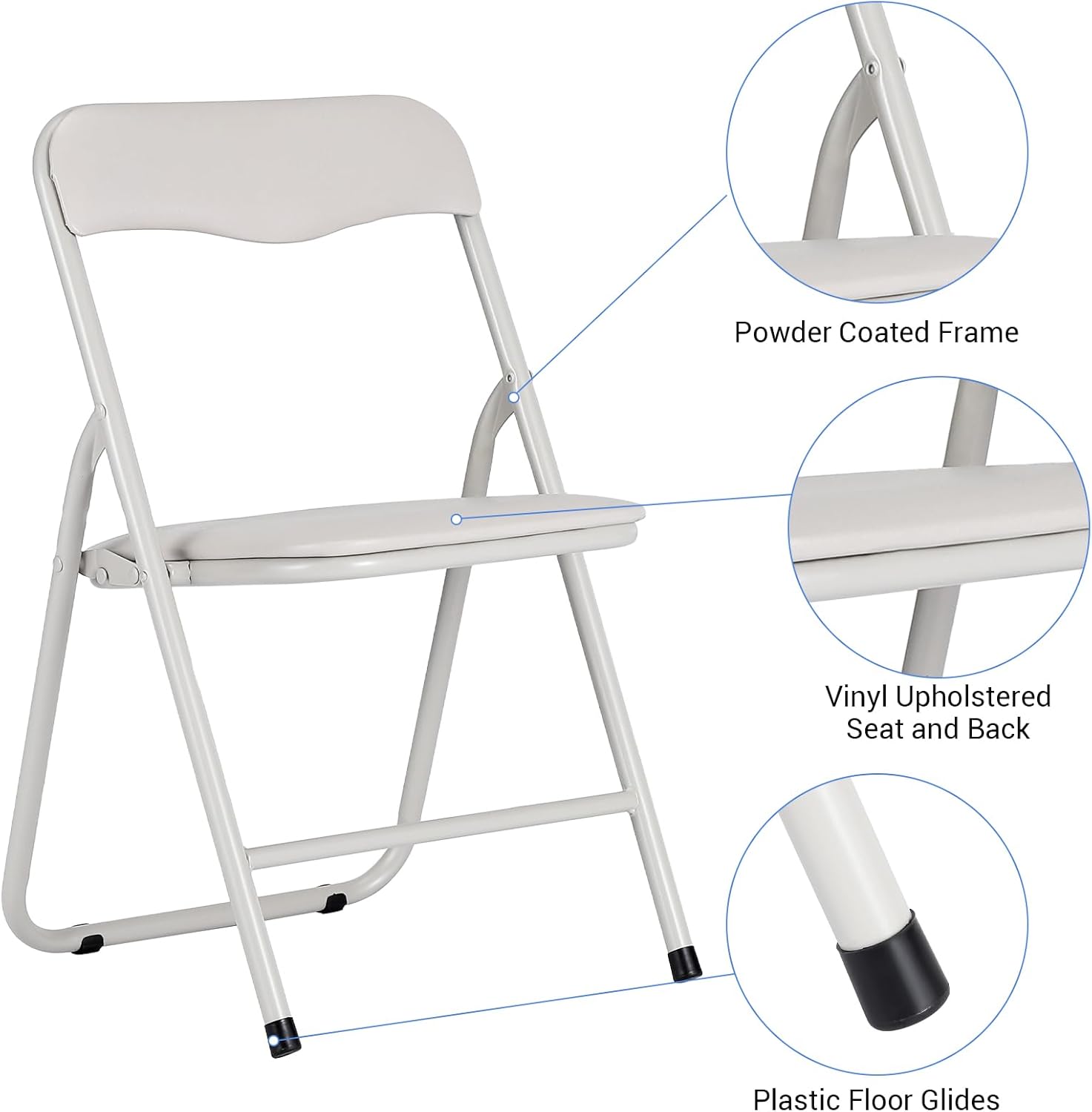 Powder Coated Frame  
Vinyl Upholstered Seat and Back  
Plastic Floor Glides