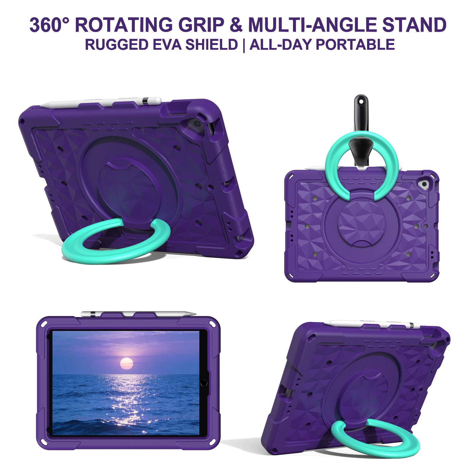 360° ROTATING GRIP & MULTI-ANGLE STAND  
RUGGED EVA SHIELD | ALL-DAY PORTABLE