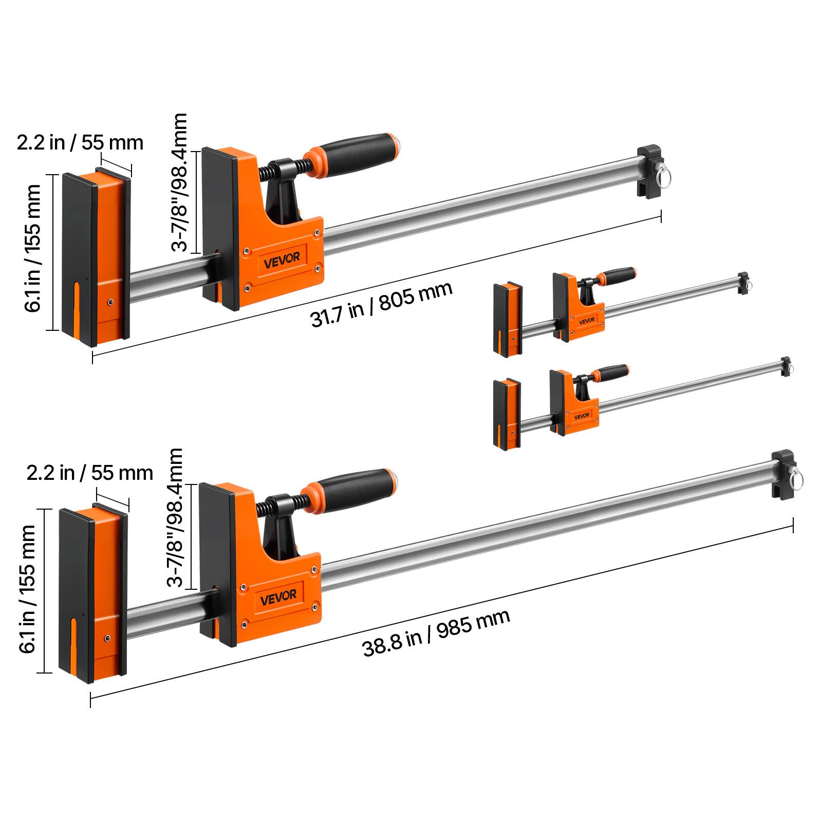 2.2 in / 55 mm  
6.1 in / 155 mm  
3-7/8" / 98.4 mm  
31.7 in / 805 mm  
38.8 in / 985 mm