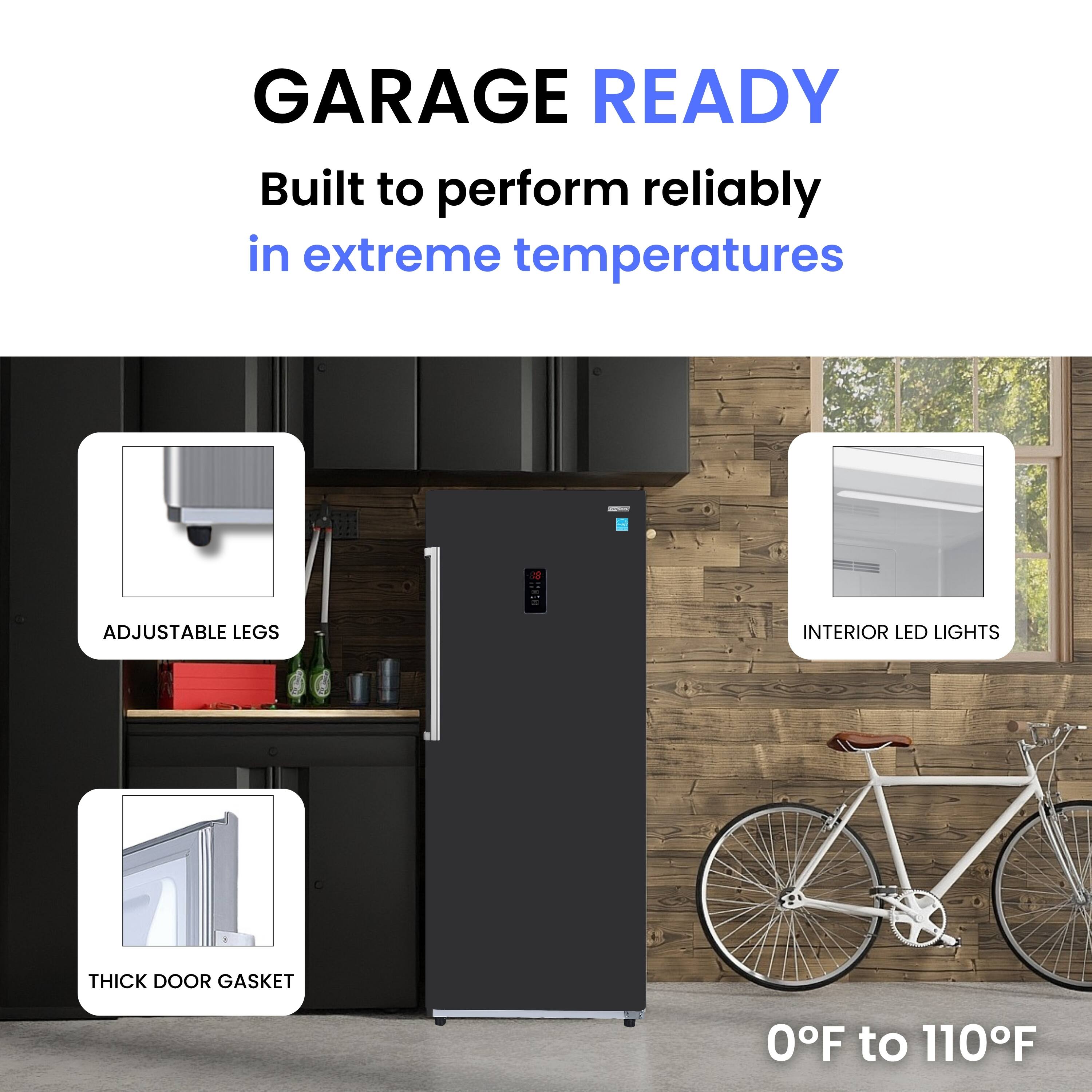 GARAGE READY  
Built to perform reliably in extreme temperatures  

- ADJUSTABLE LEGS  
- INTERIOR LED LIGHTS  
- THICK DOOR GASKET  

0°F to 110°F