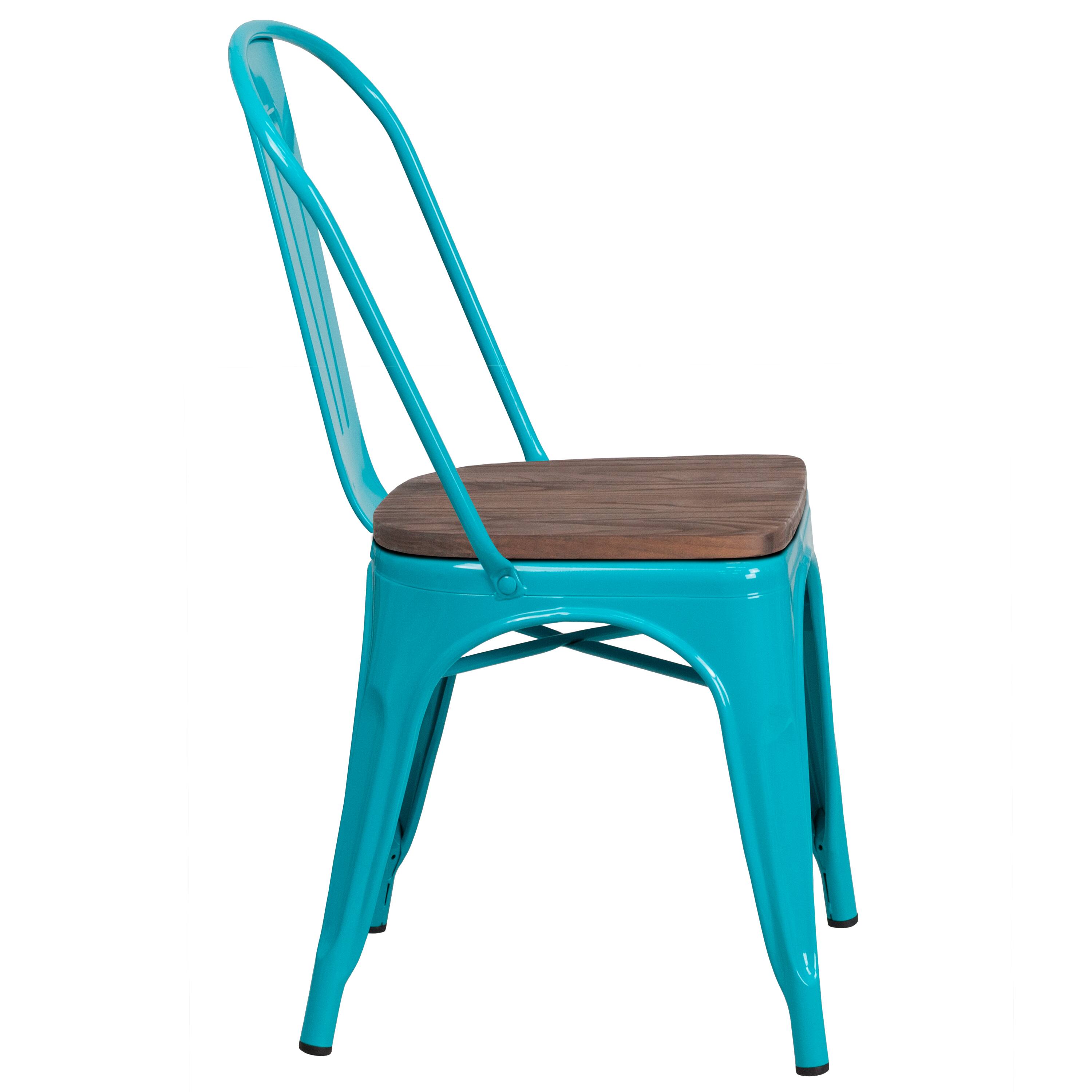 Alt View 4. Emma + Oliver - Colorful Metal Dining Stack Chair with Wood Seat - Crystal Teal-Blue.