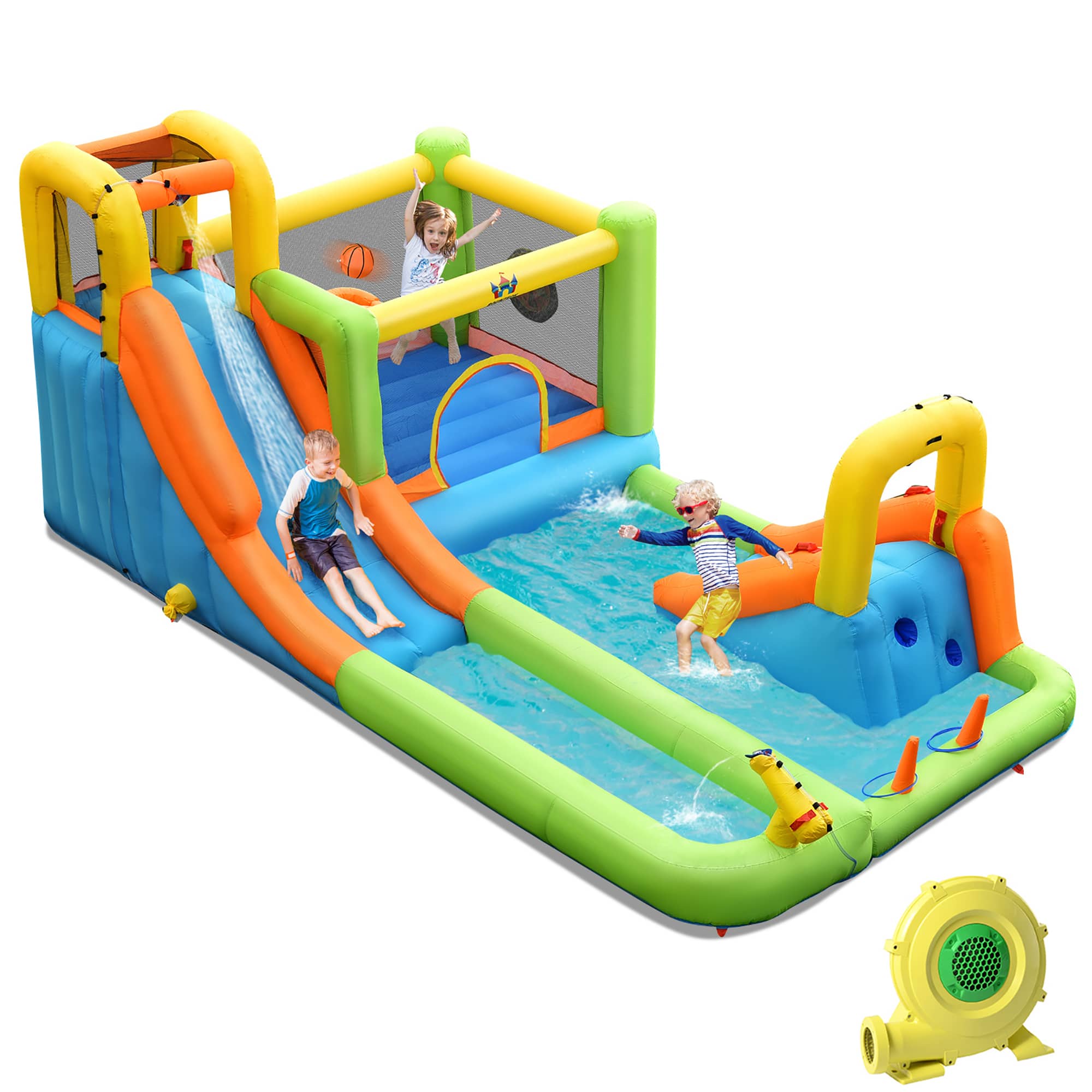 Costway - Inflatable Water Slide Park Bounce House Splash Pool with 950W Blower - Multicolor