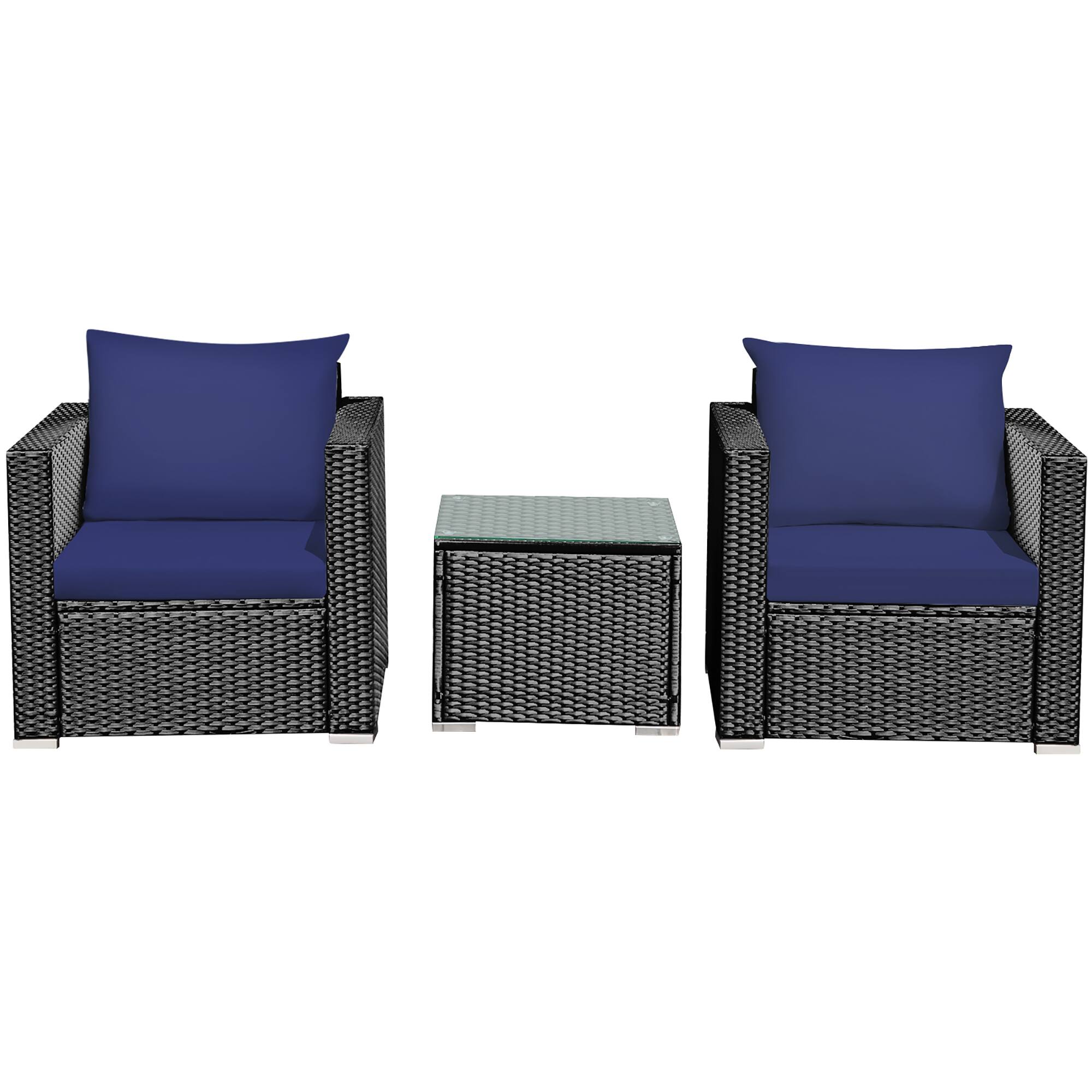 Angle. Costway - 3PCS Patio Rattan Wicker Furniture Set Sofa Table W/Cushion Yard - Navy.