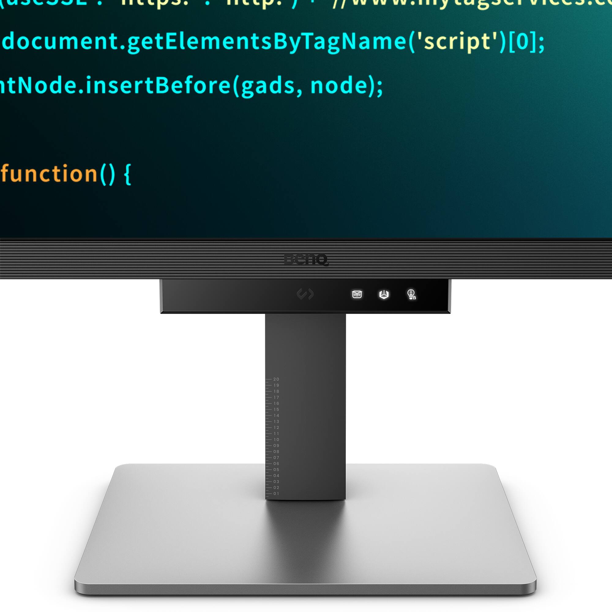 The text on the image is a combination of HTML, JavaScript, and PHP code. The code is used to create a web page with a monitor, which is likely a part of a larger project or application. The code contains various elements such as document.getElementsByTagName('script')[0], function( () { Beno + d 1 - 1 - 15 - ... - - - 1 - : 1. ... }, and other lines of code. These lines of code work together to create the desired functionality and appearance of the web page.