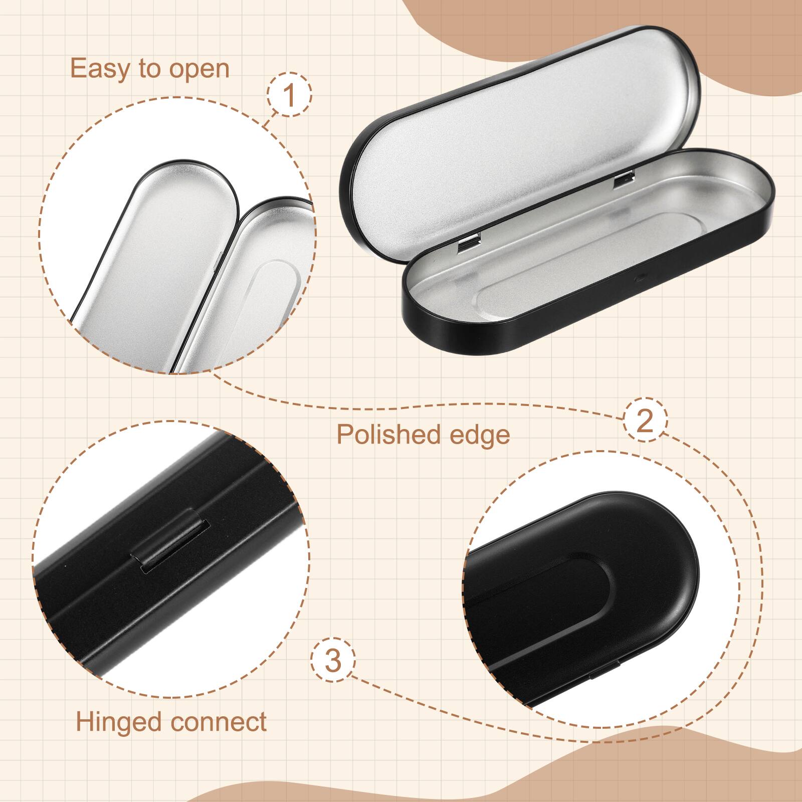 Easy to open  
1. Polished edge  
2. Hinged connect