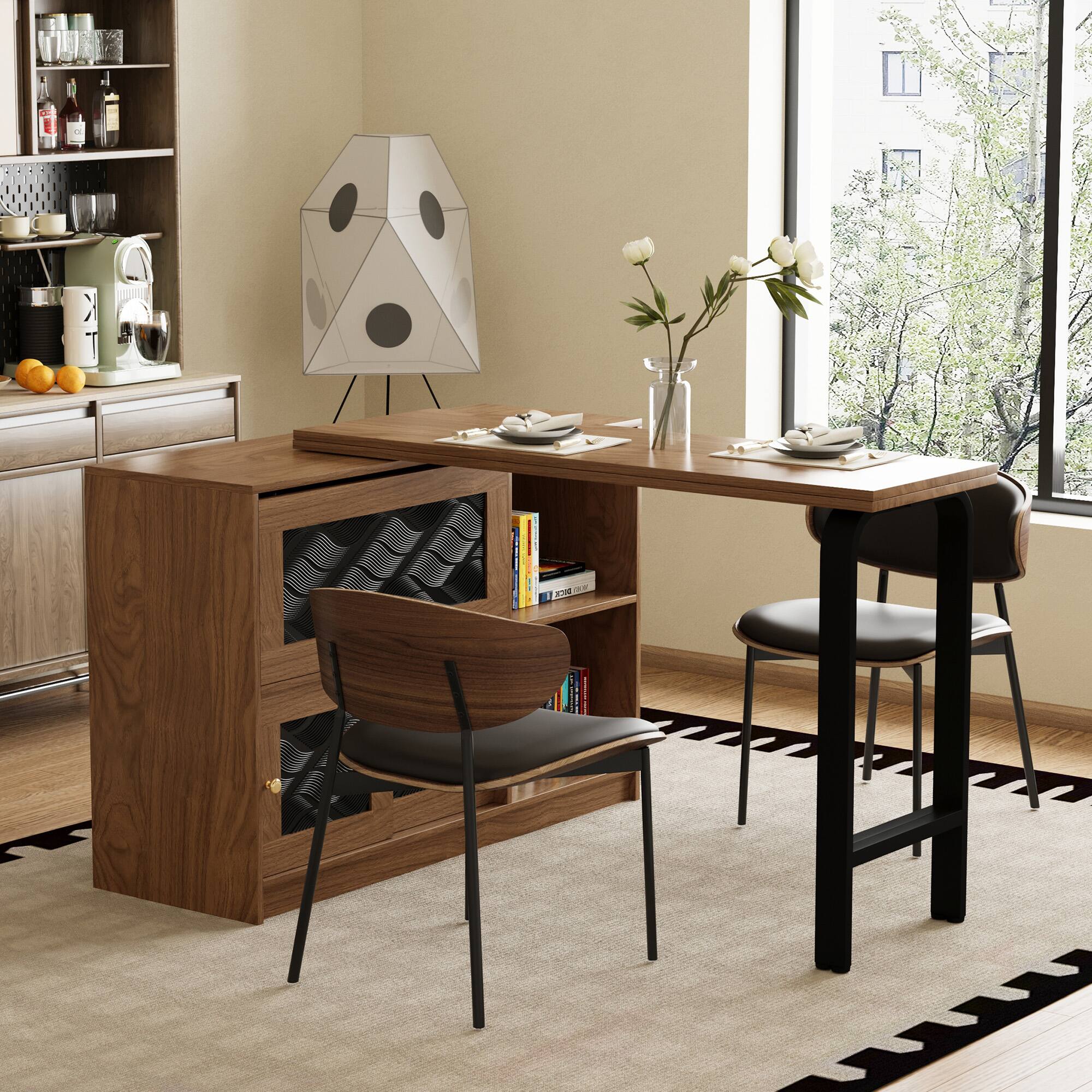 Front. luck idea - Multifunctional Expandable Sideboard, Convertible Dining Table for Living & Dining - Walnut Color.