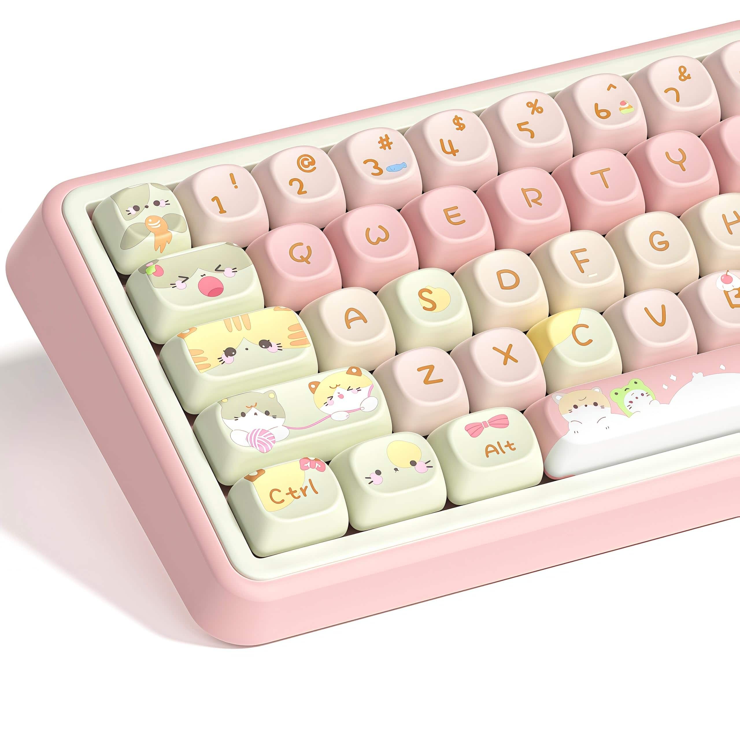 HM 1810 - Matcha Green Frog Cute Keycap Set Pbt For Mechanical Compatible With Ansi iso Tkl Full sized Layout - Pink cat