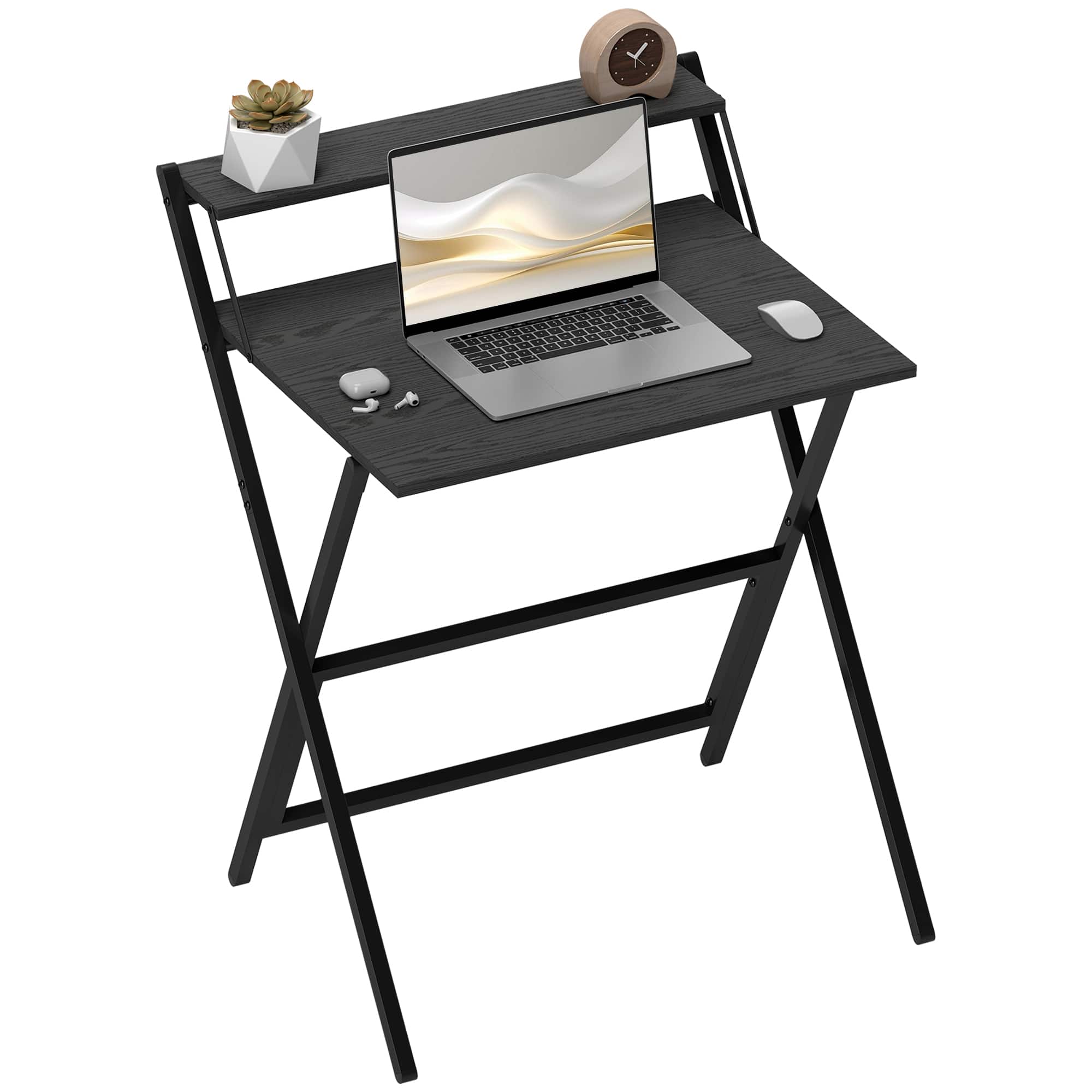 Homcom - Small Folding Desk, 27.6 Inch Foldable Computer Desk with Monitor Shelf, Space Saving Portable Writing Table - Black