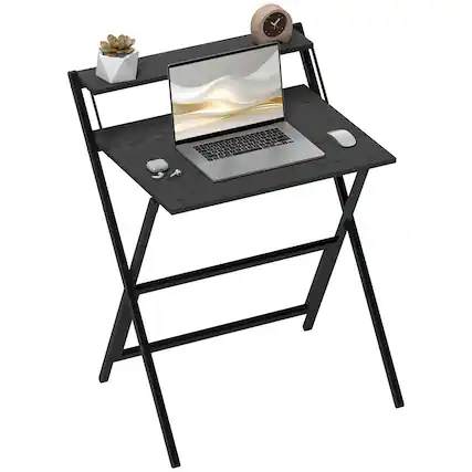 Front. Homcom - Small Folding Desk, 27.6 Inch Foldable Computer Desk with Monitor Shelf, Space Saving Portable Writing Table - Black.