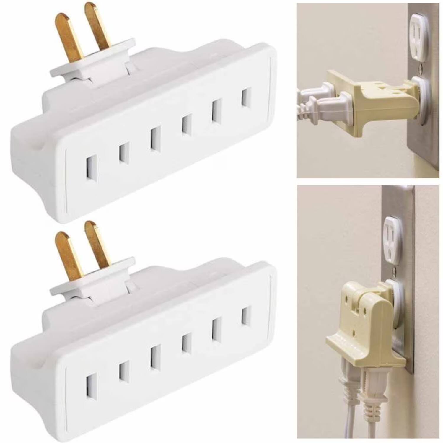 Left. Home Collection - 2 Pack Swivel 3-Outlet Wall Plug Tap Indoor Power Adapter - White.