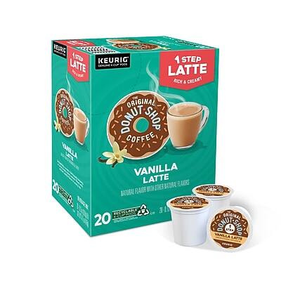 KEURIG  
1 STEP LATTE  
ORIGINAL DONUT SHOP COFFEE  
VANILLA LATTE  
NATURAL FLAVOR  
20 COUNT  
RECYCLABLE  
1 STEP LATTE  
RICH & CREAMY  
ORIGINAL DONUT SHOP COFFEE  
VANILLA LATTE  
NATURAL FLAVOR