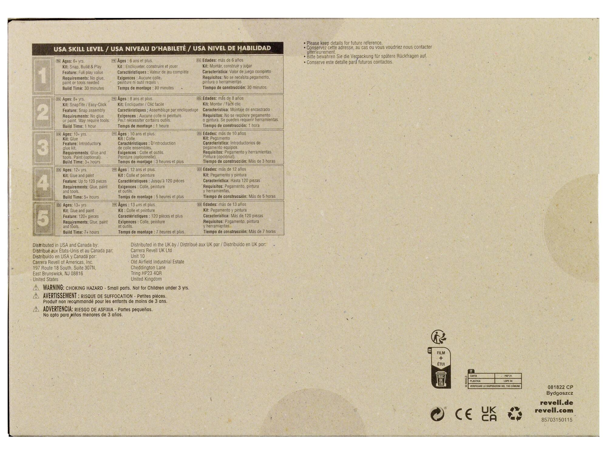 USA SKILL LEVEL / USA NIVEAU D'ABILITÉ / USA NIVEL DE HABILIDAD

1. Ages: 8 yrs.
   Feature: Snap. Build & Play
   Requirements: No glue or paint tools needed.
   Build Time: 30 minutes
   Kit: Snap/Tite
   Características: Juego de ensamblaje
   Exigencias: No se requiere pegamento ni pintura
   Tiempo de montaje: 30 minutos
   Kit: Encliqueter / Clic facile
   Características: Montaje encliquetado
   Exigencias: No se requiere pegamento ni pintura
   Tiempo de construcción: 30 minutos
   Edades: ms de 8 años
   Características: Valor del juego completo, pintura y herramientas
   Exigencias: Cole, pintura
   Tiempo de construcción: 30 minutos
   Kit: Montar / Fácil clic
   Características: Montaje encliquetado
   Exigencias: No se requiere pegamento ni pintura
   Tiempo de montaje: 30 minutos