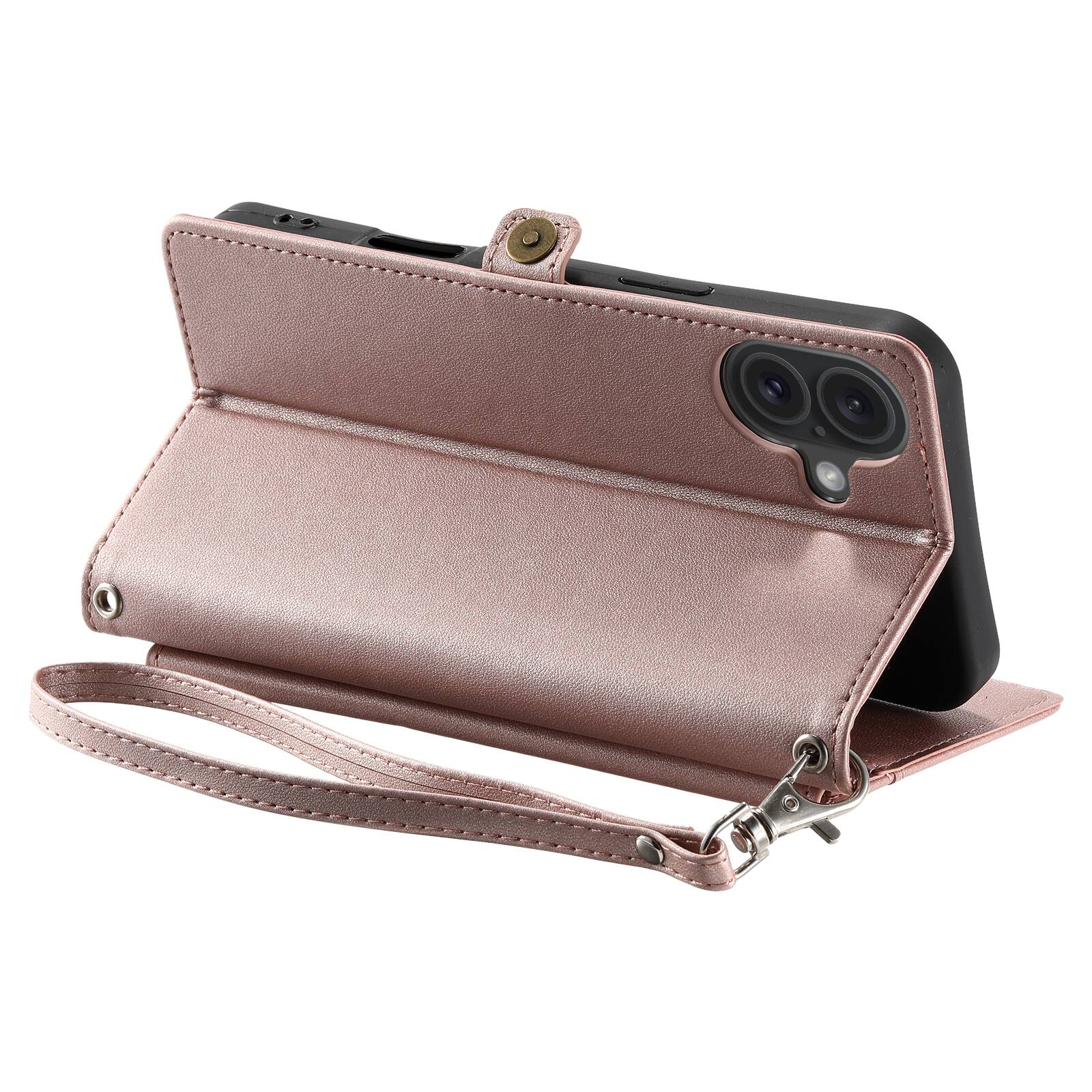 Alt View 4. Dteck - Foilo Wallet Case for Apple iPhone 17,Shockproof Card Holder PU Leather Magnetic Snap Phone Cover with Lanyard - Rosegold.
