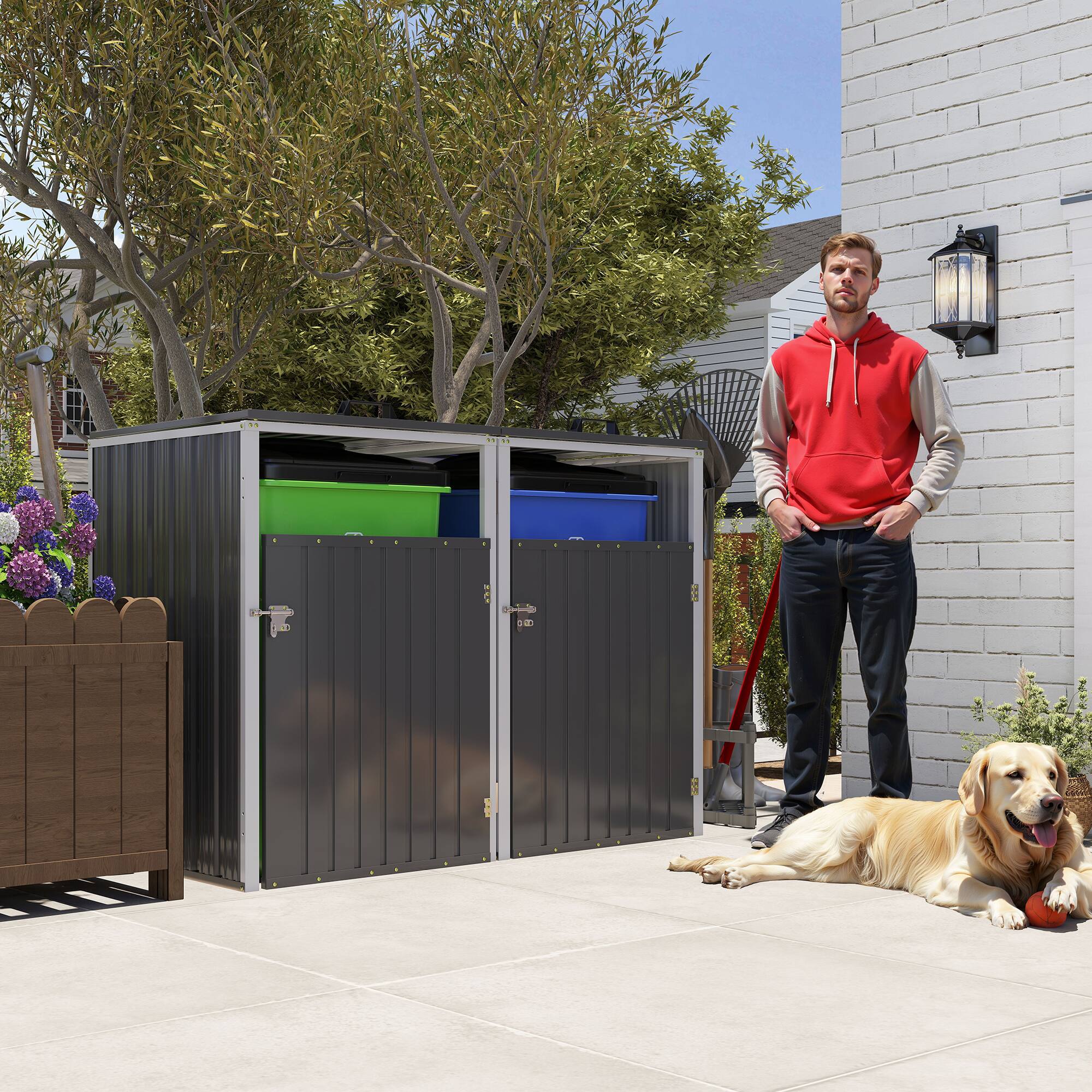 Angle. Mondawe - 2 Trash Garbage Bin Shed Stores with Pneumatic Support Rod,Lockable Doors & Waterproof Lid Chain - Dark Gray.