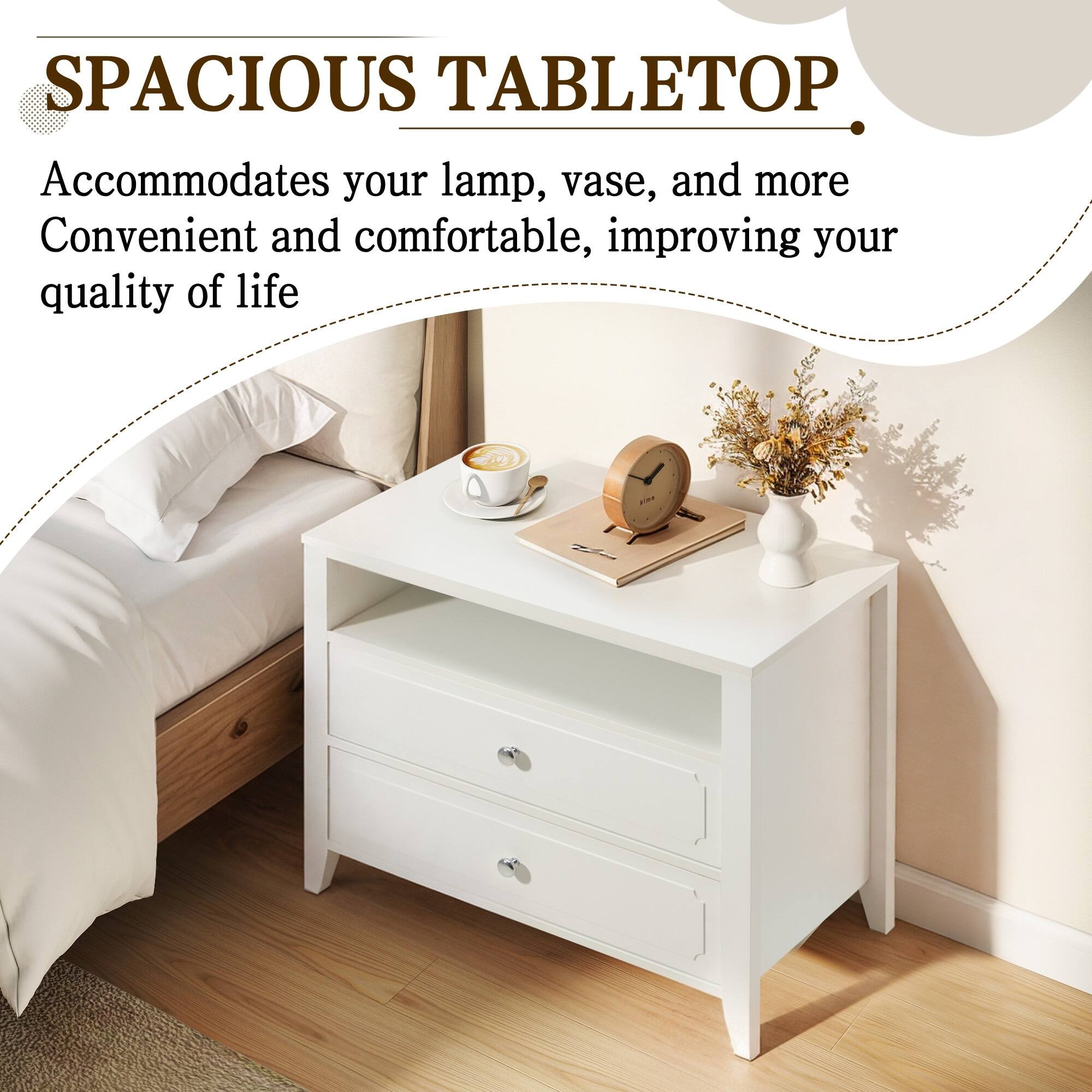 Alt View 2. U-HOMY - Modern 2-Drawer Nightstand with Open Shelf, Wide Bedside Table with Solid Wood Legs for Bedroom Storage - White.