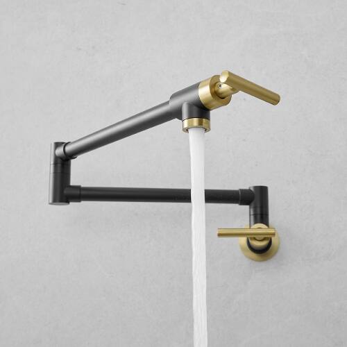Alt View 2. Siljoy - Pot Filler Faucet Wall Mount Folding Kitchen Sink Faucets Retractable Single Hole with 2 Handles Black & Gold - Black+Gold.