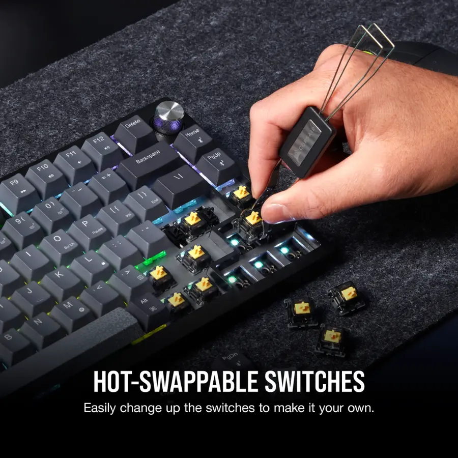 The text on the image reads: "Hot-Swappable Switches Easily change up the switches to make it your own."